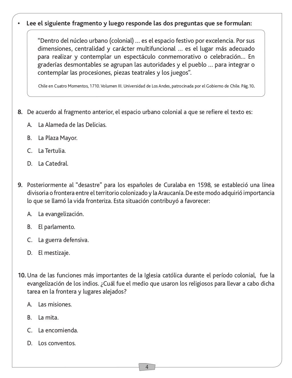 Prueba historia la colonia en chile y america 5to basico