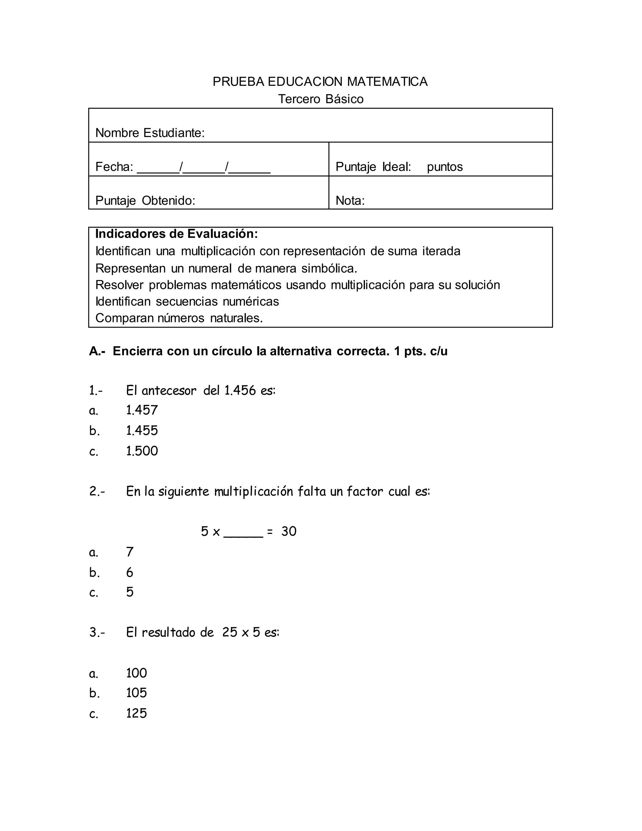 Prueba matematica 3 basico | DOCX