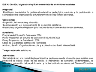 EJE 4: Gestión, organización y funcionamiento de los centros escolares Propósito: Identifiquen los ámbitos de gestión administrativa, pedagógica, curricular y de participación y su impacto en la organización y el funcionamiento de los centros escolares. Contenidos: La gestión, la innovación y el cambio. La organización y el funcionamiento de los centros escolares. Instancias y órganos colegiados para la toma de decisiones en los centros escolares. Materiales: Programa de Educación Preescolar 2004 Plan y Programas de Estudio de Educación Secundaria 2006 Plan y Programas de Bachillerato 2008 Libros de la Biblioteca del Maestro Normalista Antúnez, Serafin. Organización escolar y acción directiva.BAM, México 2004 Tiempo estimado : seis horas. Actividades : Se trabajará con una metodología participativa, pertinente con la educación para adultos, que promueva la lectura crítica de los textos, el intercambio de opiniones fundamentadas, la reflexión y valoración del papel docente  y de las instituciones dentro del Sistema Educativo Nacional. SIGUIENTE 