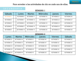 SEMANA 1 SEMANA 2 Para acceder a las actividades de clic en cada una de ellas. S E C U N D A R I A Sábado Lunes Martes Miércoles Jueves Viernes ACTIVIDAD 1 ACTIVIDAD 6 ACTIVIDAD 11 ACTIVIDAD 16 ACTIVIDAD 21 ACTIVIDAD 26 ACTIVIDAD 2 ACTIVIDAD 7 ACTIVIDAD 12 ACTIVIDAD 17 ACTIVIDAD 22 ACTIVIDAD 27 ACTIVIDAD 3 ACTIVIDAD 8 ACTIVIDAD 13 ACTIVIDAD 18 ACTIVIDAD 23 ACTIVIDAD 28 ACTIVIDAD 4 ACTIVIDAD 9 ACTIVIDAD 14 ACTIVIDAD 19 ACTIVIDAD 24 ACTIVIDAD 29 ACTIVIDAD 5 ACTIVIDAD 10 ACTIVIDAD 15 ACTIVIDAD 20 ACTIVIDAD 25 ACTIVIDAD 30 Lunes Martes Miércoles Jueves Viernes Sábado ACTIVIDAD 31 ACTIVIDAD 36 ACTIVIDAD 41 ACTIVIDAD 46 ACTIVIDAD 51 ACTIVIDAD 52 ACTIVIDAD 32 ACTIVIDAD 37 ACTIVIDAD 42 ACTIVIDAD 47 ACTIVIDAD 52 ACTIVIDAD 53 ACTIVIDAD 33 ACTIVIDAD 38 ACTIVIDAD 43 ACTIVIDAD 48 ACTIVIDAD 53 ACTIVIDAD 54 ACTIVIDAD 34 ACTIVIDAD 39 ACTIVIDAD 44 ACTIVIDAD 49 ACTIVIDAD 54 ACTIVIDAD 55 ACTIVIDAD 35 ACTIVIDAD 40 ACTIVIDAD 45 ACTIVIDAD 50 ACTIVIDAD 55 ACTIVIDAD 56 ÍNDICE 