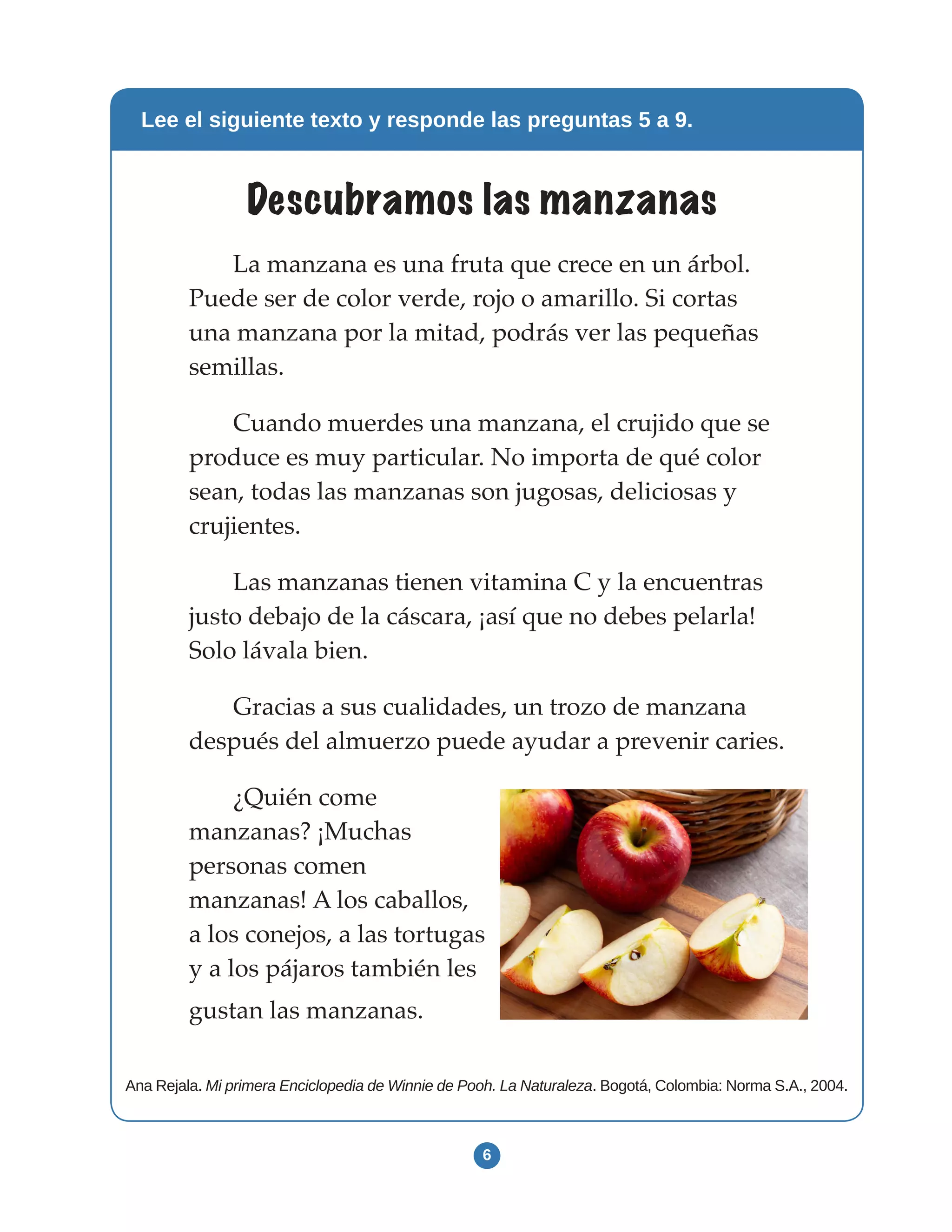 6
Lee el siguiente texto y responde las preguntas 5 a 9.
Descubramos las manzanas
La manzana es una fruta que crece en un árbol.
Puede ser de color verde, rojo o amarillo. Si cortas
una manzana por la mitad, podrás ver las pequeñas
semillas.
Cuando muerdes una manzana, el crujido que se
produce es muy particular. No importa de qué color
sean, todas las manzanas son jugosas, deliciosas y
crujientes.
Las manzanas tienen vitamina C y la encuentras
justo debajo de la cáscara, ¡así que no debes pelarla!
Solo lávala bien.
Gracias a sus cualidades, un trozo de manzana
después del almuerzo puede ayudar a prevenir caries.
¿Quién come
manzanas? ¡Muchas
personas comen
manzanas! A los caballos,
a los conejos, a las tortugas
y a los pájaros también les
gustan las manzanas.
Ana Rejala. Mi primera Enciclopedia de Winnie de Pooh. La Naturaleza. Bogotá, Colombia: Norma S.A., 2004.
 