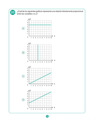 13
20 ¿Cuál de los siguientes gráficos representa una relación directamente proporcional
entre las variables x e y?
A
y
x
7
6
5
4
3
2
1
0 1 2 3 4 5 6 7 8 9 10
B
y
x
7
6
5
4
3
2
1
0 1 2 3 4 5 6 7 8 9 10
C
y
x
7
6
5
4
3
2
1
0 1 2 3 4 5 6 7 8 9 10
D
y
x
7
6
5
4
3
2
1
0 1 2 3 4 5 6 7 8 9 10
 