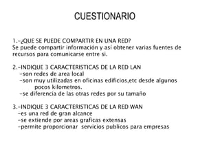 1.-¿ QUE SE PUEDE COMPARTIR EN UNA RED? Se puede compartir información y así obtener varias fuentes de recursos para comunicarse entre si. 2.- INDIQUE 3 CARACTERISTICAS DE LA RED LAN -son redes de area local -son muy utilizadas en oficinas edificios,etc desde algunos pocos kilometros. -se diferencia de las otras redes por su tamaño 3.-INDIQUE 3 CARACTERISTICAS DE LA RED WAN -es una red de gran alcance -se extiende por areas graficas extensas -permite proporcionar servicios publicos para empresas CUESTIONARIO