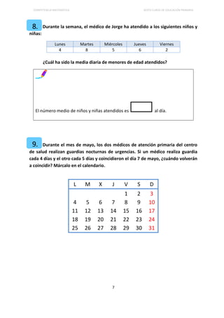 COMPETENCIA MATEMÁTICA SEXTO CURSO DE EDUCACIÓN PRIMARIA
7
Durante la semana, el médico de Jorge ha atendido a los siguientes niños y
niñas:
Lunes Martes Miércoles Jueves Viernes
4 8 5 6 2
¿Cuál ha sido la media diaria de menores de edad atendidos?
Durante el mes de mayo, los dos médicos de atención primaria del centro
de salud realizan guardias nocturnas de urgencias. Si un médico realiza guardia
cada 4 días y el otro cada 5 días y coincidieron el día 7 de mayo, ¿cuándo volverán
a coincidir? Márcalo en el calendario.
L M X J V S D
1 2 3
4 5 6 7 8 9 10
11 12 13 14 15 16 17
18 19 20 21 22 23 24
25 26 27 28 29 30 31
El número medio de niños y niñas atendidos es al día.
8.
9.
 