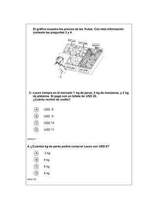 El gráfico muestra los precios de las frutas. Con esta información
contesta las preguntas 3 y 4.
3.- Laura compra en el mercado 1 kg de peras, 2 kg de manzanas, y 2 kg
de plátanos. Si pagó con un billete de USD 20.
¿Cuánto recibió de vuelto?
A USD 8
B USD 9
C USD 10
D USD 11
M4NS017
4.-¿Cuántos kg de peras podría comp rar Laura con USD 8?
A 2 kg
B 4 kg
C 6 kg
D 8 kg
M4GC109
 