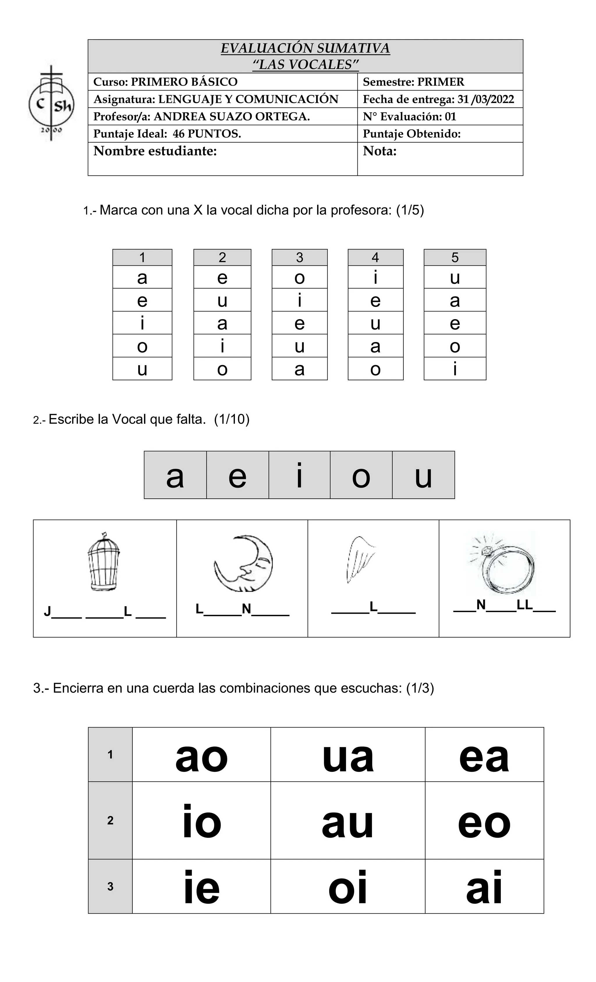 evaluacion sumativa vocales metodo matte | DOCX