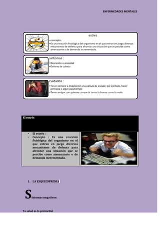 ENFERMEDADES MENTALES




                                                         estres
                     •concepto :
                     •Es una reacción fisiológica del organismo en el que entran en juego diversos
                      mecanismos de defensa para afrontar una situación que se percibe como
                      amenazante o de demanda incrementada.


                     sintomas :
                     •Depresión o ansiedad
                     •Dolores de cabeza




                     cuidados :
                     •Tener siempre a disposición una válvula de escape; por ejemplo, hacer
                      gimnasia o algún pasatiempo
                     •Tener amigos con quienes compartir tanto lo bueno como lo malo




El estrés




    •   El estrés :
    •   Concepto : Es una reacción
        fisiológica del organismo en el
        que entran en juego diversos
        mecanismos de defensa para
        afrontar una situación que se
        percibe como amenazante o de
        demanda incrementada.




    1. LA ESQUIZOFRENIA




 S      íntomas negativos:



Tu salud es lo primordial
 