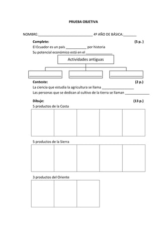 PRUEBA OBJETIVA


NOMBRE:_____________________________ 4º AÑO DE BÁSICA:_______
  1. Complete:                                                        (5 p. )
     El Ecuador es un país ___________ por historia
     Su potencial económico está en el ______________
                            Actividades antiguas


   _______________              _______________       _______________
  2. Conteste:                                                          (2 p.)
     La ciencia que estudia la agricultura se llama _________________
     Las personas que se dedican al cultivo de la tierra se llaman _____________

  3. Dibuje:                                                         (13 p.)
     5 productos de la Costa




     5 productos de la Sierra




     3 productos del Oriente
 