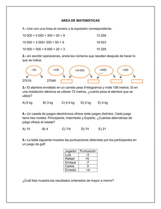 AREA DE MATEMÁTICAS
1.- Une con una línea el número y la expresión correspondiente.
10 000 + 5 000 + 300 + 20 + 9

13 259

10 000 + 3 000+ 200 + 50 + 9

19 523

10 000 + 500 + 9 000 + 20 + 3

15 329

2.- sin escribir operaciones, anota los números que resultan después de hacer lo
que se indica.
+100

+30

27019

+10 000

+1000
000

+200

27049

3.- El alambre enrollado en un carrete pesa 9 kilogramos y mide 108 metros. Si en
una instalación eléctrica se utilizan 72 metros, ¿cuánto pesa el alambre que se
utilizó?
A) 6 kg

B) 3 kg

C) 4.5 kg

D) 2 kg

E) 4 kg

4.- Un casete de juegos electrónicos ofrece siete juegos distintos. Cada juego
tiene tres niveles: Principiante, Intermedio y Experto. ¿Cuántas alternativas de
juego ofrece el casete?
A) 10

B) 4

C) 7/4

D) 74

E) 21

5.- La tabla siguiente muestra las puntuaciones obtenidas por los participantes en
un juego de golf:
Jugador
Luis
Rafael
Enrique
Carlos
Ernesto

Puntuación
-3
+5
-7
0
+4

¿Cuál lista muestra los resultados ordenados de mayor a menor?

 
