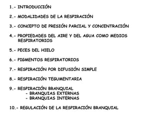 1.- INTRODUCCIÓN

2.- MODALIDADES DE LA RESPIRACIÓN

3.- CONCEPTO DE PRESIÓN PARCIAL Y CONCENTRACIÓN

4.- PROPIEDADES DEL AIRE Y DEL AGUA COMO MEDIOS
    RESPIRATORIOS

5.- PECES DEL HIELO

6.- PIGMENTOS RESPIRATORIOS

7.- RESPIRACIÓN POR DIFUSIÓN SIMPLE

8.- RESPIRACIÓN TEGUMENTARIA

9.- RESPIRACIÓN BRANQUIAL
       - BRANQUIAS EXTERNAS
       - BRANQUIAS INTERNAS

10.- REGULACIÓN DE LA RESPIRACIÓN BRANQUIAL
 