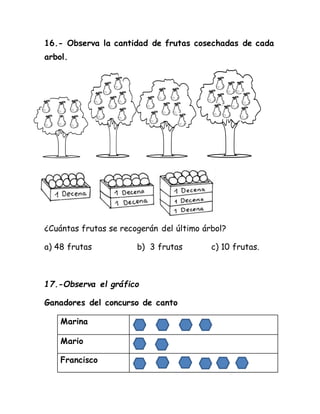 16.- Observa la cantidad de frutas cosechadas de cada
arbol.
¿Cuántas frutas se recogerán del último árbol?
a) 48 frutas b) 3 frutas c) 10 frutas.
17.-Observa el gráfico
Ganadores del concurso de canto
Marina
Mario
Francisco
 