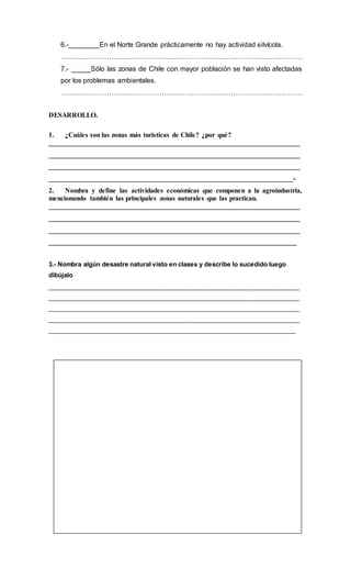 6.-________En el Norte Grande prácticamente no hay actividad silvícola.
……………………………………………………………………………………………
7.- _____Sólo las zonas de Chile con mayor población se han visto afectadas
por los problemas ambientales.
……………………………………………………………………………………………
DESARROLLO.
1. ¿Cuáles son las zonas más turísticas de Chile? ¿por qué?
_________________________________________________________________________
_________________________________________________________________________
_________________________________________________________________________
_______________________________________________________________________-
2. Nombra y define las actividades económicas que componen a la agroindustria,
mencionando también las principales zonas naturales que las practican.
_________________________________________________________________________
_________________________________________________________________________
_________________________________________________________________________
________________________________________________________________________
3.- Nombra algún desastre natural visto en clases y describe lo sucedido luego
dibújalo
________________________________________________________________________
________________________________________________________________________
________________________________________________________________________
________________________________________________________________________
_______________________________________________________________________
 