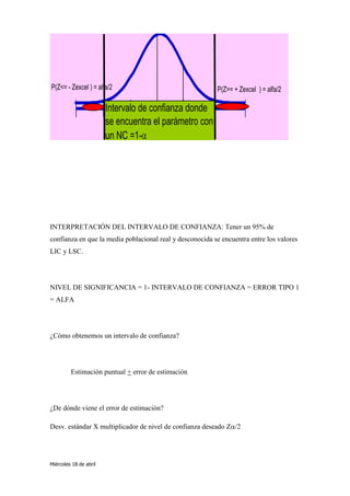 P(Z<= - Zexcel ) = alfa/2                                 P(Z>= + Zexcel ) = alfa/2

                        Intervalo de confianza donde
                        se encuentra el parámetro con
                        un NC =1-




INTERPRETACIÓN DEL INTERVALO DE CONFIANZA: Tener un 95% de
confianza en que la media poblacional real y desconocida se encuentra entre los valores
LIC y LSC.




NIVEL DE SIGNIFICANCIA = 1- INTERVALO DE CONFIANZA = ERROR TIPO 1
= ALFA




¿Cómo obtenemos un intervalo de confianza?




         Estimación puntual + error de estimación




¿De dónde viene el error de estimación?

Desv. estándar X multiplicador de nivel de confianza deseado Z /2




Miércoles 18 de abril
 