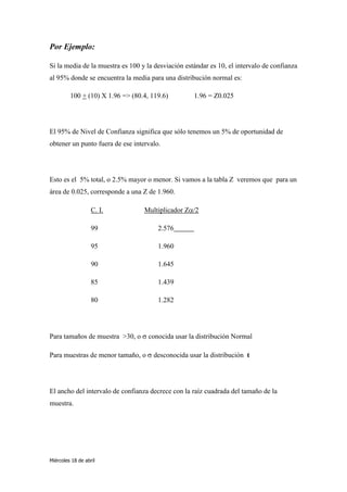 Por Ejemplo:

Si la media de la muestra es 100 y la desviación estándar es 10, el intervalo de confianza
al 95% donde se encuentra la media para una distribución normal es:

         100 + (10) X 1.96 => (80.4, 119.6)         1.96 = Z0.025




El 95% de Nivel de Confianza significa que sólo tenemos un 5% de oportunidad de
obtener un punto fuera de ese intervalo.




Esto es el 5% total, o 2.5% mayor o menor. Si vamos a la tabla Z veremos que para un
área de 0.025, corresponde a una Z de 1.960.

                   C. I.          Multiplicador Z /2

                   99                  2.576

                   95                  1.960

                   90                  1.645

                   85                  1.439

                   80                  1.282




Para tamaños de muestra >30, o      conocida usar la distribución Normal

Para muestras de menor tamaño, o     desconocida usar la distribución t




El ancho del intervalo de confianza decrece con la raíz cuadrada del tamaño de la
muestra.




Miércoles 18 de abril
 