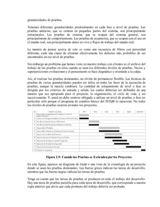 granularidades de pruebas.
Tenemos diferentes granularidades predominantes en cada fase o nivel de pruebas. Las
pruebas unitarias, que se centran en pequeñas partes del sistema, son principalmente
estructurales. Las pruebas de sistema, que se ocupan del sistema general, son
principalmente de comportamiento. Las pruebas de aceptación, que se ocupan con el uso en
el mundo real, son principalmente datos en vivo y flujos de trabajo del mundo real.
La manera de pensar acerca de esto es como una secuencia de filtros con porosidad
diferente, cada una capaz de eliminar efectivamente los defectos más probables de ser
encontrados en ese nivel de pruebas.
Sin embargo un problema que hemos visto en nuestro trabajo con clientes es el archivo del
trabajo de las pruebas en silos cuando se usan los diferentes niveles de pruebas. Vacíos y
superposiciones evolucionan y el pensamiento se hace dogmático y orientado a la culpa.
Así, al realizar las pruebas dominantes, no olvide de permanecer flexible. Las técnicas de
pruebas de varias granularidades pueden ser útiles en todas las fases de la ejecución de
pruebas, aunque la mezcla cambiará. La cantidad de solapamiento de nivel o fase es
dirigida por los criterios de entrada y salida, los cuales deberían ser definidos de una
manera que sea apropiada para el proyecto, la organización, el ciclo de vida, y así
sucesivamente. Y, usted no debe sentirse obligado a utilizar un nivel de pruebas o fase en
particular sólo porque el programa de estudios básico del ISTQB lo menciona. No todos
los niveles de pruebas ocurren en todos los proyectos.

Figura 2.9: Cuando las Pruebas se Extienden por los Proyectos
En esta figura, aparece un diagrama de Gantt o una vista de la cronología de un proyecto
donde se usan las pruebas dominantes. Las barras grises indican las tareas de desarrollo,
mientras que las barras negras indican las tareas de pruebas.
Tenga en cuenta que las tareas de pruebas se producen en todo el trabajo del desarrollo.
Hay una tarea de pruebas paralela para cada tarea de desarrollo, que corresponde a nuestra
regla anterior que decía que cada producto del trabajo debería ser probado.

 