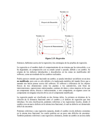 Figura 2.15: Regresión
Entonces, hablemos acerca de la regresión y las estrategias de las pruebas de regresión.
La regresión es el nombre dado al comportamiento de un sistema que ha retrocedido, o se
ha degradado, en comparación con su estado actual o pasado, debido a un cambio. Se
origina de los defectos introducidos o descubiertos en las zonas no modificadas del
software, como un resultado de los cambios realizados.
Podría parecer extraño que haciendo un cambio, se pueda introducir un defecto en un área
no modificado, pero esto es sólo debido a la inadecuada metáfora del mundo físico que a
menudo nos hacen pensar acerca del software. El software a diferencia de los objetos
físicos de tres dimensiones como los puentes o los automóviles, está lleno de
interconexiones, suposiciones entrecruzadas, caminos de datos y otras maneras en las que
un componente afecta, directa o indirectamente, a otro componente, en algunos casos un
componente sin ninguna relación obvia con el componente modificado.
La regresión puede ser clasificada en dos formas útiles. La primera en términos de la
relación de la distancia funcional entre el cambio y el defecto de regresión que éste
introduce. En esta clasificación, podemos referirnos a las regresiones locales, donde el
cambio crea un nuevo defecto en la misma área funcional, el cual no debería ser demasiado
difícil de encontrar.
Podemos referirnos a una regresión expuesta, donde el cambio revela defectos existentes
en la misma área funcional, los cuales podrían ser un poco más difíciles de encontrar.
También podemos referirnos a una regresión a distancia, donde un cambio en un área daña

 