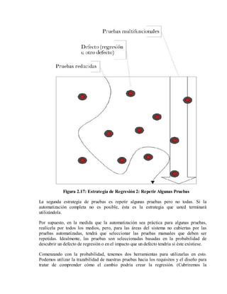 Figura 2.17: Estrategia de Regresión 2: Repetir Algunas Pruebas
La segunda estrategia de pruebas es repetir algunas pruebas pero no todas. Si la
automatización completa no es posible, ésta es la estrategia que usted terminará
utilizándola.
Por supuesto, en la medida que la automatización sea práctica para algunas pruebas,
realícela por todos los medios, pero, para las áreas del sistema no cubiertas por las
pruebas automatizadas, tendrá que seleccionar las pruebas manuales que deben ser
repetidas. Idealmente, las pruebas son seleccionadas basadas en la probabilidad de
descubrir un defecto de regresión o en el impacto que un defecto tendría si éste existiese.
Comenzando con la probabilidad, tenemos dos herramientas para utilizarlas en esto.
Podemos utilizar la trazabilidad de nuestras pruebas hacia los requisitos y el diseño para
tratar de comprender cómo el cambio podría crear la regresión. (Cubriremos la

 