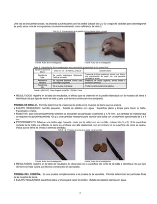 Una vez se encuentran secas, se procede a pulverizarlas con los dedos (véase foto 2 y 3) y según la facilidad para desintegrarse
se pudo sacar una de las siguientes conclusiones teniendo como referencia la tabla 2.
Foto 2 y 3. Pulverización de la pastilla con los dedos índice y pulgar
Fuente: Autor de la investigación Fuente: Autor de la investigación
Tabla 2. Interpretación de la resistencia en seco conociendo la plasticidad de los suelos finos
RESISTENCIA EN
SECO
EFECTO EN LA PASTILLA SECA SIGNIFICADO
Resistencia
baja.
Se puede desintegrar fácilmente.
Falta de cohesión.
Presencia de limos orgánicos, arenas muy finas o
una combinación de suelo con una pequeña
cantidad de arcilla
Resistencia
mediana.
Se requiere bastante fuerza para
desintegrar la pastilla.
Presencia de arcilla orgánica, arcilla limosa o
arcilla muy arenosa.
Resistencia
alta.
No se puede desintegrar Arcilla inorgánica altamente plástica.
Fuente: SÁNCHEZ, Clara Eugenia y ANGEL OSPINA, Clara
• RESULTADOS: registre en la tabla de resultados, el efecto que se presentó en la pastilla fabricada con la muestra de tierra e
identifique de que tipo de tierra se trata y para que técnica constructiva es apropiada.
PRUEBA DE BRILLO. Permite determinar la presencia de arcilla en la muestra de tierra que se analiza.
• EQUIPO REQUERIDO: cuchillo pequeño. Botella de plástico con agua. Superficie plana y limpia para hacer la bolita.
Flexómetro o metro.
• MUESTRA: para este procedimiento también se descartan las partículas superiores a 4,76 mm. La cantidad de material que
se requiere es aproximadamente 100 g o una cantidad necesaria para fabricar una bolita con un diámetro aproximado de 3 a 4
cm.
• PROCEDIMIENTO: fabrique una bolita algo húmeda, corte por la mitad con un cuchillo. (véase foto 5 y 6) Si la superficie
cortada de la bolita es brillante, la tierra es arcillosa con alta plasticidad, por el contrario si la superficie de corte es opaca,
indica que la tierra es limosa o arenosa arcillosa.
Foto 5 y 6. Proceso de corte de la bolita con el cuchillo
Fuente: Autor de la investigación Fuente: Autor de la investigación
• RESULTADOS: registre en la tabla de resultados lo observado en la superficie del corte de la bolita e identifique de que tipo
de tierra se trata y para que técnica constructiva es apropiada.
PRUEBA DEL CORDÓN. Es una prueba complementaria a la prueba de la sacudida. Permite determinar las partículas finas
de la muestra de tierra.
• EQUIPO REQUERIDO: superficie plana y limpia para hacer el cordón. Botella de plástico blando con agua.
2
 