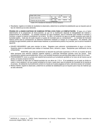 Entre 3,75 y 5 cm 1 : 12
Arqueo hacia arriba
No use como material de
construcción.
Presenta más de tres grietas
No use como material de
construcción.
Fuente: VITA. Volunteers for International Technical Assistance
• Resultados: registre en la tabla de resultados lo observado y determine la cantidad de estabilizante que se requiere para el
tipo de material que se esta valorando.
PRUEBA DE LA MANO-CANTIDAD DE HUMEDAD ÓPTIMA (CHO) PARA LA COMPACTACIÓN. El agua, es un factor
determinante en la preparación de tierra-cemento, ya que de su dosificación depende la trabajabilidad del material y
posteriormente su durabilidad. “La cantidad necesaria de agua empleada, será la suficiente para hidratar el cemento y
contribuir a lograr la máxima consolidación de la tierra. Es decir, el contenido de agua es aquella necesaria para darle la
humedad óptima. Cada tipo de suelo requiere un grado de humedad para su compactación” 2
. La Cantidad de Humedad
Óptima (CHO) para la compactación se determina fácilmente mediante un ensayo en un laboratorio. No obstante, esta
cantidad de agua también puede ser determinada mediante un procedimiento práctico muy sencillo, par el cual se necesita lo
siguiente:
• EQUIPO REQUERIDO: pala para mezclar la tierra. Regadera para adicionar controladamente el agua a la tierra.
Superficie plana no absorbente para realizar el mezclado tierra, cemento y agua. Recipientes para dosificación de los
componentes.
• MUESTRA: para este procedimiento se descartó las partículas superiores a 4,76 mm, la muestra de tierra
debe tamizarse para eliminar cualquier material orgánico y partículas demasiado grandes como las gravas. Este
procedimiento requiere aproximadamente 100 g o una cantidad necesaria que permita poder palpar la tierra con la mano.
• PROCEDIMIENTO: tome un puñado del material tierra-cemento ya humedecido apriételo en la mano de tal manera que al
abrirla, la mezcla conserve la forma.
Hecho lo anterior se deja caer el material apuñado de una altura de 1,10 m. Si al estrellarse con el suelo se divide en
cuatro o cinco pedazos y sin que quede humedad en la mano, quiere decir que el contenido de humedad de la mezcla es
el correcto. Si realizando el procedimiento anterior la mezcla se muestra pegajosa al tacto, esta tiene exceso de humedad.
• RESULTADOS: registre lo observado y determine la cantidad de estabilizante que se requiere para el tipo de material que
se esta valorando.
2
ENTEICHE G., Augusto A. CINVA. Centro Interamericano de Vivienda y Planeamiento. Curso regular Técnicas avanzadas de
construcción, Bogotá: CINVA, 1961. p.6.
6
 