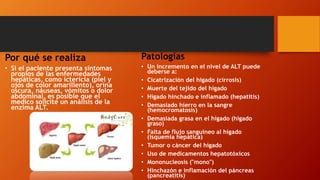 Por qué se realiza
• Si el paciente presenta síntomas
propios de las enfermedades
hepáticas, como ictericia (piel y
ojos de color amarillento), orina
oscura, náuseas, vómitos o dolor
abdominal, es posible que el
medico solicite un análisis de la
enzima ALT.
Patologías
• Un incremento en el nivel de ALT puede
deberse a:
• Cicatrización del hígado (cirrosis)
• Muerte del tejido del hígado
• Hígado hinchado e inflamado (hepatitis)
• Demasiado hierro en la sangre
(hemocromatosis)
• Demasiada grasa en el hígado (hígado
graso)
• Falta de flujo sanguíneo al hígado
(isquemia hepática)
• Tumor o cáncer del hígado
• Uso de medicamentos hepatotóxicos
• Mononucleosis ("mono")
• Hinchazón e inflamación del páncreas
(pancreatitis)
 