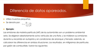 Diferencia de datos apareados.
 Utiliza muestras pequeñas.
 Se denota por:
 Ejemplo:
Las emisiones de materia partícula (MP) de los automóviles son un problema ambiental
serio. Se eligieron aleatoriamente ocho vehículos de una flota, y se midieron sus emisiones
durante su recorrido en autopista y en condiciones de arranque y frenado; además, se
calcularon las diferencias en ambas situaciones. Los resultados, en miligramos de partículas
por galón de combustible, fueron los siguientes:
 