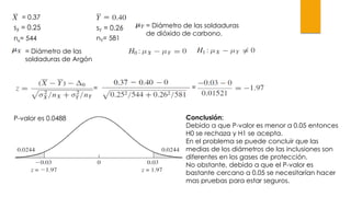 = 0.37
sX = 0.25
nx= 544
sY = 0.26
nY= 581
= Diámetro de las
soldaduras de Argón
= Diámetro de las soldaduras
de dióxido de carbono.
= =
P-valor es 0.0488 Conclusión:
Debido a que P-valor es menor a 0.05 entonces
H0 se rechaza y H1 se acepta.
En el problema se puede concluir que las
medias de los diámetros de las inclusiones son
diferentes en los gases de protección.
No obstante, debido a que el P-valor es
bastante cercano a 0.05 se necesitarían hacer
mas pruebas para estar seguros.
 