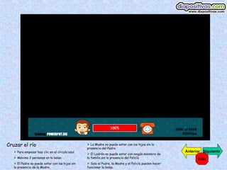Cruzar el río                                     La Madre no puede estar con los hijos sin la
                                                 presencia del Padre.
    Para empezar haz clic en el círculo azul.                                                         Anterior Siguiente
                                                  El Ladrón no puede estar con ningún miembro de
    Máximo 2 personas en la balsa.              la familia sin la presencia del Policía                     Salir
    El Padre no puede estar con las hijas sin    Solo el Padre, la Madre y el Policía pueden hacer
   la presencia de la Madre.                     funcionar la balsa.
 