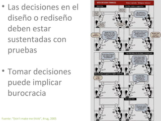 • Las decisiones en el
diseño o rediseño
deben estar
sustentadas con
pruebas
• Tomar decisiones
puede implicar
burocracia
Fuente: “Don’t make me think”, Krug, 2005

 