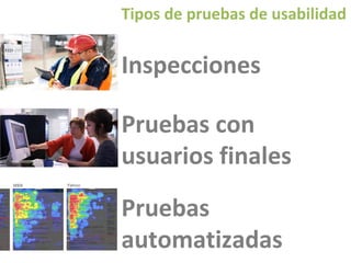 Tipos de pruebas de usabilidad

Inspecciones
Pruebas con
usuarios finales
Pruebas
automatizadas

 