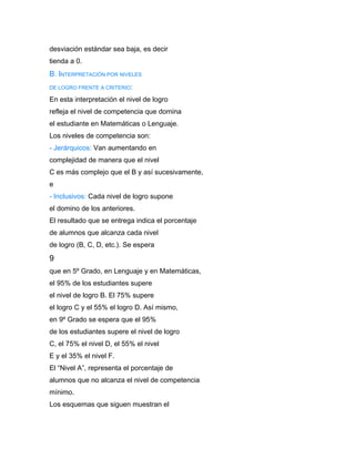 desviación estándar sea baja, es decir
tienda a 0.
B. INTERPRETACIÓN POR NIVELES
DE LOGRO FRENTE A CRITERIO:

En esta interpretación el nivel de logro
refleja el nivel de competencia que domina
el estudiante en Matemáticas o Lenguaje.
Los niveles de competencia son:
- Jerárquicos: Van aumentando en
complejidad de manera que el nivel
C es más complejo que el B y así sucesivamente,
e
- Inclusivos: Cada nivel de logro supone
el domino de los anteriores.
El resultado que se entrega indica el porcentaje
de alumnos que alcanza cada nivel
de logro (B, C, D, etc.). Se espera
9
que en 5º Grado, en Lenguaje y en Matemáticas,
el 95% de los estudiantes supere
el nivel de logro B. El 75% supere
el logro C y el 55% el logro D. Así mismo,
en 9º Grado se espera que el 95%
de los estudiantes supere el nivel de logro
C, el 75% el nivel D, el 55% el nivel
E y el 35% el nivel F.
El “Nivel A”, representa el porcentaje de
alumnos que no alcanza el nivel de competencia
mínimo.
Los esquemas que siguen muestran el
 