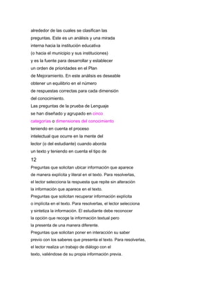 alrededor de las cuales se clasifican las
preguntas. Este es un análisis y una mirada
interna hacia la institución educativa
(o hacia el municipio y sus instituciones)
y es la fuente para desarrollar y establecer
un orden de prioridades en el Plan
de Mejoramiento. En este análisis es deseable
obtener un equilibrio en el número
de respuestas correctas para cada dimensión
del conocimiento.
Las preguntas de la prueba de Lenguaje
se han diseñado y agrupado en cinco
categorías o dimensiones del conocimiento
teniendo en cuenta el proceso
intelectual que ocurre en la mente del
lector (o del estudiante) cuando aborda
un texto y teniendo en cuenta el tipo de
12
Preguntas que solicitan ubicar información que aparece
de manera explícita y literal en el texto. Para resolverlas,
el lector selecciona la respuesta que repite sin alteración
la información que aparece en el texto.
Preguntas que solicitan recuperar información explícita
o implícita en el texto. Para resolverlas, el lector selecciona
y sintetiza la información. El estudiante debe reconocer
la opción que recoge la información textual pero
la presenta de una manera diferente.
Preguntas que solicitan poner en interacción su saber
previo con los saberes que presenta el texto. Para resolverlas,
el lector realiza un trabajo de diálogo con el
texto, valiéndose de su propia información previa.
 