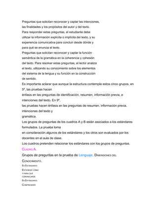 Preguntas que solicitan reconocer y captar las intenciones,
las finalidades y los propósitos del autor y del texto.
Para responder estas preguntas, el estudiante debe
utilizar la información explícita o implícita del texto, y su
experiencia comunicativa para concluir desde dónde y
para qué se enuncia el texto.
Preguntas que solicitan reconocer y captar la función
semántica de la gramática en la coherencia y cohesión
del texto. Para resolver estas preguntas, el lector analiza
el texto, utilizando su conocimiento sobre los elementos
del sistema de la lengua y su función en la construcción
de sentido.
Es importante aclarar que aunque la estructura contempla estos cinco grupos, en
5º, las pruebas hacen
énfasis en las preguntas de identificación, resumen, información previa, e
intenciones del texto. En 9º,
las pruebas hacen énfasis en las preguntas de resumen, información previa,
intenciones del texto y
gramática.
Los grupos de preguntas de los cuadros A y B están asociados a los estándares
formulados. La prueba toma
en consideración algunos de los estándares y los otros son evaluados por los
docentes en el aula de clase.
Los cuadros pretenden relacionar los estándares con los grupos de preguntas.
CUADRO A.
Grupos de preguntas en la prueba de Lenguaje. DIMENSIONES DEL
CONOCIMIENTO.
EN ESTÁNDARES:
ENTENDER CÓMO
Y PARA QUÉ
COMUNICARSE

EN ESTÁNDARES:
COMPRENDER
 