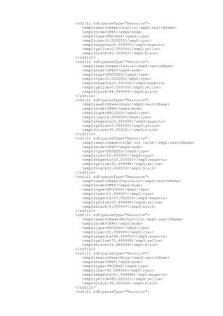 <rdf:li rdf:parseType="Resource">
<xmpG:swatchName>Grafito</xmpG:swatchName>
<xmpG:mode>CMYK</xmpG:mode>
<xmpG:type>PROCESS</xmpG:type>
<xmpG:cyan>0.000000</xmpG:cyan>
<xmpG:magenta>0.000000</xmpG:magenta>
<xmpG:yellow>0.000000</xmpG:yellow>
<xmpG:black>60.000002</xmpG:black>
</rdf:li>
<rdf:li rdf:parseType="Resource">
<xmpG:swatchName>Ceniza</xmpG:swatchName>
<xmpG:mode>CMYK</xmpG:mode>
<xmpG:type>PROCESS</xmpG:type>
<xmpG:cyan>0.000000</xmpG:cyan>
<xmpG:magenta>0.000000</xmpG:magenta>
<xmpG:yellow>0.000000</xmpG:yellow>
<xmpG:black>44.999999</xmpG:black>
</rdf:li>
<rdf:li rdf:parseType="Resource">
<xmpG:swatchName>Humo</xmpG:swatchName>
<xmpG:mode>CMYK</xmpG:mode>
<xmpG:type>PROCESS</xmpG:type>
<xmpG:cyan>0.000000</xmpG:cyan>
<xmpG:magenta>0.000000</xmpG:magenta>
<xmpG:yellow>0.000000</xmpG:yellow>
<xmpG:black>30.000001</xmpG:black>
</rdf:li>
<rdf:li rdf:parseType="Resource">
<xmpG:swatchName>CafÃ© con leche</xmpG:swatchName>
<xmpG:mode>CMYK</xmpG:mode>
<xmpG:type>PROCESS</xmpG:type>
<xmpG:cyan>10.000002</xmpG:cyan>
<xmpG:magenta>23.000002</xmpG:magenta>
<xmpG:yellow>32.999998</xmpG:yellow>
<xmpG:black>0.000000</xmpG:black>
</rdf:li>
<rdf:li rdf:parseType="Resource">
<xmpG:swatchName>Capuchino</xmpG:swatchName>
<xmpG:mode>CMYK</xmpG:mode>
<xmpG:type>PROCESS</xmpG:type>
<xmpG:cyan>15.999997</xmpG:cyan>
<xmpG:magenta>37.000000</xmpG:magenta>
<xmpG:yellow>57.999998</xmpG:yellow>
<xmpG:black>0.000000</xmpG:black>
</rdf:li>
<rdf:li rdf:parseType="Resource">
<xmpG:swatchName>Mochaccino</xmpG:swatchName>
<xmpG:mode>CMYK</xmpG:mode>
<xmpG:type>PROCESS</xmpG:type>
<xmpG:cyan>31.999999</xmpG:cyan>
<xmpG:magenta>48.000002</xmpG:magenta>
<xmpG:yellow>75.999999</xmpG:yellow>
<xmpG:black>19.999999</xmpG:black>
</rdf:li>
<rdf:li rdf:parseType="Resource">
<xmpG:swatchName>Moca</xmpG:swatchName>
<xmpG:mode>CMYK</xmpG:mode>
<xmpG:type>PROCESS</xmpG:type>
<xmpG:cyan>42.999995</xmpG:cyan>
<xmpG:magenta>51.999998</xmpG:magenta>
<xmpG:yellow>80.000001</xmpG:yellow>
<xmpG:black>38.000000</xmpG:black>
</rdf:li>
<rdf:li rdf:parseType="Resource">
 