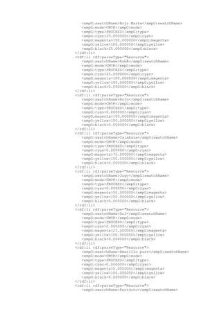 <xmpG:swatchName>Rojo Marte</xmpG:swatchName>
<xmpG:mode>CMYK</xmpG:mode>
<xmpG:type>PROCESS</xmpG:type>
<xmpG:cyan>25.000000</xmpG:cyan>
<xmpG:magenta>100.000000</xmpG:magenta>
<xmpG:yellow>100.000000</xmpG:yellow>
<xmpG:black>25.000000</xmpG:black>
</rdf:li>
<rdf:li rdf:parseType="Resource">
<xmpG:swatchName>RubÃ</xmpG:swatchName>
<xmpG:mode>CMYK</xmpG:mode>
<xmpG:type>PROCESS</xmpG:type>
<xmpG:cyan>25.000000</xmpG:cyan>
<xmpG:magenta>100.000000</xmpG:magenta>
<xmpG:yellow>100.000000</xmpG:yellow>
<xmpG:black>0.000000</xmpG:black>
</rdf:li>
<rdf:li rdf:parseType="Resource">
<xmpG:swatchName>Rojo</xmpG:swatchName>
<xmpG:mode>CMYK</xmpG:mode>
<xmpG:type>PROCESS</xmpG:type>
<xmpG:cyan>0.000000</xmpG:cyan>
<xmpG:magenta>100.000000</xmpG:magenta>
<xmpG:yellow>100.000000</xmpG:yellow>
<xmpG:black>0.000000</xmpG:black>
</rdf:li>
<rdf:li rdf:parseType="Resource">
<xmpG:swatchName>Calabaza</xmpG:swatchName>
<xmpG:mode>CMYK</xmpG:mode>
<xmpG:type>PROCESS</xmpG:type>
<xmpG:cyan>0.000000</xmpG:cyan>
<xmpG:magenta>75.000000</xmpG:magenta>
<xmpG:yellow>100.000000</xmpG:yellow>
<xmpG:black>0.000000</xmpG:black>
</rdf:li>
<rdf:li rdf:parseType="Resource">
<xmpG:swatchName>Jugo</xmpG:swatchName>
<xmpG:mode>CMYK</xmpG:mode>
<xmpG:type>PROCESS</xmpG:type>
<xmpG:cyan>0.000000</xmpG:cyan>
<xmpG:magenta>50.000000</xmpG:magenta>
<xmpG:yellow>100.000000</xmpG:yellow>
<xmpG:black>0.000000</xmpG:black>
</rdf:li>
<rdf:li rdf:parseType="Resource">
<xmpG:swatchName>Sol</xmpG:swatchName>
<xmpG:mode>CMYK</xmpG:mode>
<xmpG:type>PROCESS</xmpG:type>
<xmpG:cyan>0.000000</xmpG:cyan>
<xmpG:magenta>25.000000</xmpG:magenta>
<xmpG:yellow>100.000000</xmpG:yellow>
<xmpG:black>0.000000</xmpG:black>
</rdf:li>
<rdf:li rdf:parseType="Resource">
<xmpG:swatchName>Amarillo puro</xmpG:swatchName>
<xmpG:mode>CMYK</xmpG:mode>
<xmpG:type>PROCESS</xmpG:type>
<xmpG:cyan>0.000000</xmpG:cyan>
<xmpG:magenta>0.000000</xmpG:magenta>
<xmpG:yellow>100.000000</xmpG:yellow>
<xmpG:black>0.000000</xmpG:black>
</rdf:li>
<rdf:li rdf:parseType="Resource">
<xmpG:swatchName>Peridoto</xmpG:swatchName>
 