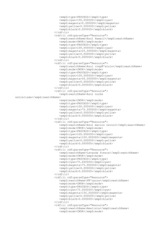 <xmpG:type>PROCESS</xmpG:type>
<xmpG:cyan>100.000000</xmpG:cyan>
<xmpG:magenta>0.000000</xmpG:magenta>
<xmpG:yellow>0.000000</xmpG:yellow>
<xmpG:black>0.000000</xmpG:black>
</rdf:li>
<rdf:li rdf:parseType="Resource">
<xmpG:swatchName>Azul Hawaii</xmpG:swatchName>
<xmpG:mode>CMYK</xmpG:mode>
<xmpG:type>PROCESS</xmpG:type>
<xmpG:cyan>100.000000</xmpG:cyan>
<xmpG:magenta>25.000000</xmpG:magenta>
<xmpG:yellow>0.000000</xmpG:yellow>
<xmpG:black>0.000000</xmpG:black>
</rdf:li>
<rdf:li rdf:parseType="Resource">
<xmpG:swatchName>Azul crepÃºsculo</xmpG:swatchName>
<xmpG:mode>CMYK</xmpG:mode>
<xmpG:type>PROCESS</xmpG:type>
<xmpG:cyan>100.000000</xmpG:cyan>
<xmpG:magenta>50.000000</xmpG:magenta>
<xmpG:yellow>0.000000</xmpG:yellow>
<xmpG:black>0.000000</xmpG:black>
</rdf:li>
<rdf:li rdf:parseType="Resource">
<xmpG:swatchName>Azul noche
estrellada</xmpG:swatchName>
<xmpG:mode>CMYK</xmpG:mode>
<xmpG:type>PROCESS</xmpG:type>
<xmpG:cyan>100.000000</xmpG:cyan>
<xmpG:magenta>75.000000</xmpG:magenta>
<xmpG:yellow>0.000000</xmpG:yellow>
<xmpG:black>0.000000</xmpG:black>
</rdf:li>
<rdf:li rdf:parseType="Resource">
<xmpG:swatchName>Azul marino oscuro</xmpG:swatchName>
<xmpG:mode>CMYK</xmpG:mode>
<xmpG:type>PROCESS</xmpG:type>
<xmpG:cyan>100.000000</xmpG:cyan>
<xmpG:magenta>100.000000</xmpG:magenta>
<xmpG:yellow>0.000000</xmpG:yellow>
<xmpG:black>0.000000</xmpG:black>
</rdf:li>
<rdf:li rdf:parseType="Resource">
<xmpG:swatchName>Lavanda fresca</xmpG:swatchName>
<xmpG:mode>CMYK</xmpG:mode>
<xmpG:type>PROCESS</xmpG:type>
<xmpG:cyan>75.000000</xmpG:cyan>
<xmpG:magenta>75.000000</xmpG:magenta>
<xmpG:yellow>0.000000</xmpG:yellow>
<xmpG:black>0.000000</xmpG:black>
</rdf:li>
<rdf:li rdf:parseType="Resource">
<xmpG:swatchName>PÃºrpura</xmpG:swatchName>
<xmpG:mode>CMYK</xmpG:mode>
<xmpG:type>PROCESS</xmpG:type>
<xmpG:cyan>75.000000</xmpG:cyan>
<xmpG:magenta>100.000000</xmpG:magenta>
<xmpG:yellow>0.000000</xmpG:yellow>
<xmpG:black>0.000000</xmpG:black>
</rdf:li>
<rdf:li rdf:parseType="Resource">
<xmpG:swatchName>Amatista</xmpG:swatchName>
<xmpG:mode>CMYK</xmpG:mode>
 