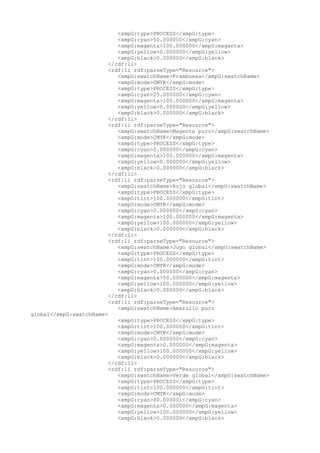 <xmpG:type>PROCESS</xmpG:type>
<xmpG:cyan>50.000000</xmpG:cyan>
<xmpG:magenta>100.000000</xmpG:magenta>
<xmpG:yellow>0.000000</xmpG:yellow>
<xmpG:black>0.000000</xmpG:black>
</rdf:li>
<rdf:li rdf:parseType="Resource">
<xmpG:swatchName>Frambuesa</xmpG:swatchName>
<xmpG:mode>CMYK</xmpG:mode>
<xmpG:type>PROCESS</xmpG:type>
<xmpG:cyan>25.000000</xmpG:cyan>
<xmpG:magenta>100.000000</xmpG:magenta>
<xmpG:yellow>0.000000</xmpG:yellow>
<xmpG:black>0.000000</xmpG:black>
</rdf:li>
<rdf:li rdf:parseType="Resource">
<xmpG:swatchName>Magenta puro</xmpG:swatchName>
<xmpG:mode>CMYK</xmpG:mode>
<xmpG:type>PROCESS</xmpG:type>
<xmpG:cyan>0.000000</xmpG:cyan>
<xmpG:magenta>100.000000</xmpG:magenta>
<xmpG:yellow>0.000000</xmpG:yellow>
<xmpG:black>0.000000</xmpG:black>
</rdf:li>
<rdf:li rdf:parseType="Resource">
<xmpG:swatchName>Rojo global</xmpG:swatchName>
<xmpG:type>PROCESS</xmpG:type>
<xmpG:tint>100.000000</xmpG:tint>
<xmpG:mode>CMYK</xmpG:mode>
<xmpG:cyan>0.000000</xmpG:cyan>
<xmpG:magenta>100.000000</xmpG:magenta>
<xmpG:yellow>100.000000</xmpG:yellow>
<xmpG:black>0.000000</xmpG:black>
</rdf:li>
<rdf:li rdf:parseType="Resource">
<xmpG:swatchName>Jugo global</xmpG:swatchName>
<xmpG:type>PROCESS</xmpG:type>
<xmpG:tint>100.000000</xmpG:tint>
<xmpG:mode>CMYK</xmpG:mode>
<xmpG:cyan>0.000000</xmpG:cyan>
<xmpG:magenta>50.000000</xmpG:magenta>
<xmpG:yellow>100.000000</xmpG:yellow>
<xmpG:black>0.000000</xmpG:black>
</rdf:li>
<rdf:li rdf:parseType="Resource">
<xmpG:swatchName>Amarillo puro
global</xmpG:swatchName>
<xmpG:type>PROCESS</xmpG:type>
<xmpG:tint>100.000000</xmpG:tint>
<xmpG:mode>CMYK</xmpG:mode>
<xmpG:cyan>0.000000</xmpG:cyan>
<xmpG:magenta>0.000000</xmpG:magenta>
<xmpG:yellow>100.000000</xmpG:yellow>
<xmpG:black>0.000000</xmpG:black>
</rdf:li>
<rdf:li rdf:parseType="Resource">
<xmpG:swatchName>Verde global</xmpG:swatchName>
<xmpG:type>PROCESS</xmpG:type>
<xmpG:tint>100.000000</xmpG:tint>
<xmpG:mode>CMYK</xmpG:mode>
<xmpG:cyan>80.000001</xmpG:cyan>
<xmpG:magenta>0.000000</xmpG:magenta>
<xmpG:yellow>100.000000</xmpG:yellow>
<xmpG:black>0.000000</xmpG:black>
 