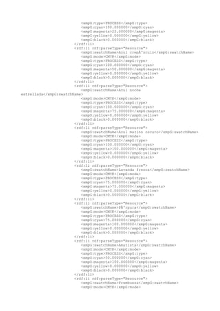 <xmpG:type>PROCESS</xmpG:type>
<xmpG:cyan>100.000000</xmpG:cyan>
<xmpG:magenta>25.000000</xmpG:magenta>
<xmpG:yellow>0.000000</xmpG:yellow>
<xmpG:black>0.000000</xmpG:black>
</rdf:li>
<rdf:li rdf:parseType="Resource">
<xmpG:swatchName>Azul crepÃºsculo</xmpG:swatchName>
<xmpG:mode>CMYK</xmpG:mode>
<xmpG:type>PROCESS</xmpG:type>
<xmpG:cyan>100.000000</xmpG:cyan>
<xmpG:magenta>50.000000</xmpG:magenta>
<xmpG:yellow>0.000000</xmpG:yellow>
<xmpG:black>0.000000</xmpG:black>
</rdf:li>
<rdf:li rdf:parseType="Resource">
<xmpG:swatchName>Azul noche
estrellada</xmpG:swatchName>
<xmpG:mode>CMYK</xmpG:mode>
<xmpG:type>PROCESS</xmpG:type>
<xmpG:cyan>100.000000</xmpG:cyan>
<xmpG:magenta>75.000000</xmpG:magenta>
<xmpG:yellow>0.000000</xmpG:yellow>
<xmpG:black>0.000000</xmpG:black>
</rdf:li>
<rdf:li rdf:parseType="Resource">
<xmpG:swatchName>Azul marino oscuro</xmpG:swatchName>
<xmpG:mode>CMYK</xmpG:mode>
<xmpG:type>PROCESS</xmpG:type>
<xmpG:cyan>100.000000</xmpG:cyan>
<xmpG:magenta>100.000000</xmpG:magenta>
<xmpG:yellow>0.000000</xmpG:yellow>
<xmpG:black>0.000000</xmpG:black>
</rdf:li>
<rdf:li rdf:parseType="Resource">
<xmpG:swatchName>Lavanda fresca</xmpG:swatchName>
<xmpG:mode>CMYK</xmpG:mode>
<xmpG:type>PROCESS</xmpG:type>
<xmpG:cyan>75.000000</xmpG:cyan>
<xmpG:magenta>75.000000</xmpG:magenta>
<xmpG:yellow>0.000000</xmpG:yellow>
<xmpG:black>0.000000</xmpG:black>
</rdf:li>
<rdf:li rdf:parseType="Resource">
<xmpG:swatchName>PÃºrpura</xmpG:swatchName>
<xmpG:mode>CMYK</xmpG:mode>
<xmpG:type>PROCESS</xmpG:type>
<xmpG:cyan>75.000000</xmpG:cyan>
<xmpG:magenta>100.000000</xmpG:magenta>
<xmpG:yellow>0.000000</xmpG:yellow>
<xmpG:black>0.000000</xmpG:black>
</rdf:li>
<rdf:li rdf:parseType="Resource">
<xmpG:swatchName>Amatista</xmpG:swatchName>
<xmpG:mode>CMYK</xmpG:mode>
<xmpG:type>PROCESS</xmpG:type>
<xmpG:cyan>50.000000</xmpG:cyan>
<xmpG:magenta>100.000000</xmpG:magenta>
<xmpG:yellow>0.000000</xmpG:yellow>
<xmpG:black>0.000000</xmpG:black>
</rdf:li>
<rdf:li rdf:parseType="Resource">
<xmpG:swatchName>Frambuesa</xmpG:swatchName>
<xmpG:mode>CMYK</xmpG:mode>
 