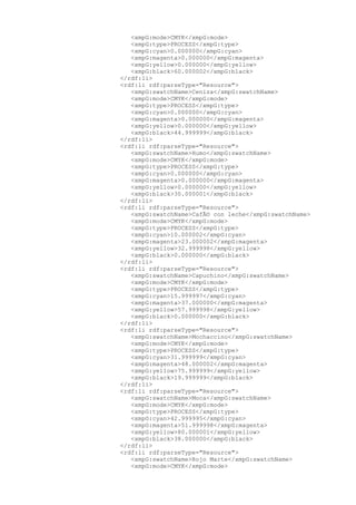 <xmpG:mode>CMYK</xmpG:mode>
<xmpG:type>PROCESS</xmpG:type>
<xmpG:cyan>0.000000</xmpG:cyan>
<xmpG:magenta>0.000000</xmpG:magenta>
<xmpG:yellow>0.000000</xmpG:yellow>
<xmpG:black>60.000002</xmpG:black>
</rdf:li>
<rdf:li rdf:parseType="Resource">
<xmpG:swatchName>Ceniza</xmpG:swatchName>
<xmpG:mode>CMYK</xmpG:mode>
<xmpG:type>PROCESS</xmpG:type>
<xmpG:cyan>0.000000</xmpG:cyan>
<xmpG:magenta>0.000000</xmpG:magenta>
<xmpG:yellow>0.000000</xmpG:yellow>
<xmpG:black>44.999999</xmpG:black>
</rdf:li>
<rdf:li rdf:parseType="Resource">
<xmpG:swatchName>Humo</xmpG:swatchName>
<xmpG:mode>CMYK</xmpG:mode>
<xmpG:type>PROCESS</xmpG:type>
<xmpG:cyan>0.000000</xmpG:cyan>
<xmpG:magenta>0.000000</xmpG:magenta>
<xmpG:yellow>0.000000</xmpG:yellow>
<xmpG:black>30.000001</xmpG:black>
</rdf:li>
<rdf:li rdf:parseType="Resource">
<xmpG:swatchName>CafÃ© con leche</xmpG:swatchName>
<xmpG:mode>CMYK</xmpG:mode>
<xmpG:type>PROCESS</xmpG:type>
<xmpG:cyan>10.000002</xmpG:cyan>
<xmpG:magenta>23.000002</xmpG:magenta>
<xmpG:yellow>32.999998</xmpG:yellow>
<xmpG:black>0.000000</xmpG:black>
</rdf:li>
<rdf:li rdf:parseType="Resource">
<xmpG:swatchName>Capuchino</xmpG:swatchName>
<xmpG:mode>CMYK</xmpG:mode>
<xmpG:type>PROCESS</xmpG:type>
<xmpG:cyan>15.999997</xmpG:cyan>
<xmpG:magenta>37.000000</xmpG:magenta>
<xmpG:yellow>57.999998</xmpG:yellow>
<xmpG:black>0.000000</xmpG:black>
</rdf:li>
<rdf:li rdf:parseType="Resource">
<xmpG:swatchName>Mochaccino</xmpG:swatchName>
<xmpG:mode>CMYK</xmpG:mode>
<xmpG:type>PROCESS</xmpG:type>
<xmpG:cyan>31.999999</xmpG:cyan>
<xmpG:magenta>48.000002</xmpG:magenta>
<xmpG:yellow>75.999999</xmpG:yellow>
<xmpG:black>19.999999</xmpG:black>
</rdf:li>
<rdf:li rdf:parseType="Resource">
<xmpG:swatchName>Moca</xmpG:swatchName>
<xmpG:mode>CMYK</xmpG:mode>
<xmpG:type>PROCESS</xmpG:type>
<xmpG:cyan>42.999995</xmpG:cyan>
<xmpG:magenta>51.999998</xmpG:magenta>
<xmpG:yellow>80.000001</xmpG:yellow>
<xmpG:black>38.000000</xmpG:black>
</rdf:li>
<rdf:li rdf:parseType="Resource">
<xmpG:swatchName>Rojo Marte</xmpG:swatchName>
<xmpG:mode>CMYK</xmpG:mode>
 