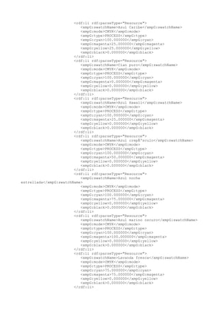 <rdf:li rdf:parseType="Resource">
<xmpG:swatchName>Azul Caribe</xmpG:swatchName>
<xmpG:mode>CMYK</xmpG:mode>
<xmpG:type>PROCESS</xmpG:type>
<xmpG:cyan>100.000000</xmpG:cyan>
<xmpG:magenta>25.000000</xmpG:magenta>
<xmpG:yellow>25.000000</xmpG:yellow>
<xmpG:black>0.000000</xmpG:black>
</rdf:li>
<rdf:li rdf:parseType="Resource">
<xmpG:swatchName>Cian puro</xmpG:swatchName>
<xmpG:mode>CMYK</xmpG:mode>
<xmpG:type>PROCESS</xmpG:type>
<xmpG:cyan>100.000000</xmpG:cyan>
<xmpG:magenta>0.000000</xmpG:magenta>
<xmpG:yellow>0.000000</xmpG:yellow>
<xmpG:black>0.000000</xmpG:black>
</rdf:li>
<rdf:li rdf:parseType="Resource">
<xmpG:swatchName>Azul Hawaii</xmpG:swatchName>
<xmpG:mode>CMYK</xmpG:mode>
<xmpG:type>PROCESS</xmpG:type>
<xmpG:cyan>100.000000</xmpG:cyan>
<xmpG:magenta>25.000000</xmpG:magenta>
<xmpG:yellow>0.000000</xmpG:yellow>
<xmpG:black>0.000000</xmpG:black>
</rdf:li>
<rdf:li rdf:parseType="Resource">
<xmpG:swatchName>Azul crepÃºsculo</xmpG:swatchName>
<xmpG:mode>CMYK</xmpG:mode>
<xmpG:type>PROCESS</xmpG:type>
<xmpG:cyan>100.000000</xmpG:cyan>
<xmpG:magenta>50.000000</xmpG:magenta>
<xmpG:yellow>0.000000</xmpG:yellow>
<xmpG:black>0.000000</xmpG:black>
</rdf:li>
<rdf:li rdf:parseType="Resource">
<xmpG:swatchName>Azul noche
estrellada</xmpG:swatchName>
<xmpG:mode>CMYK</xmpG:mode>
<xmpG:type>PROCESS</xmpG:type>
<xmpG:cyan>100.000000</xmpG:cyan>
<xmpG:magenta>75.000000</xmpG:magenta>
<xmpG:yellow>0.000000</xmpG:yellow>
<xmpG:black>0.000000</xmpG:black>
</rdf:li>
<rdf:li rdf:parseType="Resource">
<xmpG:swatchName>Azul marino oscuro</xmpG:swatchName>
<xmpG:mode>CMYK</xmpG:mode>
<xmpG:type>PROCESS</xmpG:type>
<xmpG:cyan>100.000000</xmpG:cyan>
<xmpG:magenta>100.000000</xmpG:magenta>
<xmpG:yellow>0.000000</xmpG:yellow>
<xmpG:black>0.000000</xmpG:black>
</rdf:li>
<rdf:li rdf:parseType="Resource">
<xmpG:swatchName>Lavanda fresca</xmpG:swatchName>
<xmpG:mode>CMYK</xmpG:mode>
<xmpG:type>PROCESS</xmpG:type>
<xmpG:cyan>75.000000</xmpG:cyan>
<xmpG:magenta>75.000000</xmpG:magenta>
<xmpG:yellow>0.000000</xmpG:yellow>
<xmpG:black>0.000000</xmpG:black>
</rdf:li>
 