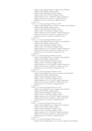 <xmpG:swatchName>Moca</xmpG:swatchName>
<xmpG:mode>CMYK</xmpG:mode>
<xmpG:type>PROCESS</xmpG:type>
<xmpG:cyan>42.999995</xmpG:cyan>
<xmpG:magenta>51.999998</xmpG:magenta>
<xmpG:yellow>80.000001</xmpG:yellow>
<xmpG:black>38.000000</xmpG:black>
</rdf:li>
<rdf:li rdf:parseType="Resource">
<xmpG:swatchName>Rojo Marte</xmpG:swatchName>
<xmpG:mode>CMYK</xmpG:mode>
<xmpG:type>PROCESS</xmpG:type>
<xmpG:cyan>25.000000</xmpG:cyan>
<xmpG:magenta>100.000000</xmpG:magenta>
<xmpG:yellow>100.000000</xmpG:yellow>
<xmpG:black>25.000000</xmpG:black>
</rdf:li>
<rdf:li rdf:parseType="Resource">
<xmpG:swatchName>RubÃ</xmpG:swatchName>
<xmpG:mode>CMYK</xmpG:mode>
<xmpG:type>PROCESS</xmpG:type>
<xmpG:cyan>25.000000</xmpG:cyan>
<xmpG:magenta>100.000000</xmpG:magenta>
<xmpG:yellow>100.000000</xmpG:yellow>
<xmpG:black>0.000000</xmpG:black>
</rdf:li>
<rdf:li rdf:parseType="Resource">
<xmpG:swatchName>Rojo</xmpG:swatchName>
<xmpG:mode>CMYK</xmpG:mode>
<xmpG:type>PROCESS</xmpG:type>
<xmpG:cyan>0.000000</xmpG:cyan>
<xmpG:magenta>100.000000</xmpG:magenta>
<xmpG:yellow>100.000000</xmpG:yellow>
<xmpG:black>0.000000</xmpG:black>
</rdf:li>
<rdf:li rdf:parseType="Resource">
<xmpG:swatchName>Calabaza</xmpG:swatchName>
<xmpG:mode>CMYK</xmpG:mode>
<xmpG:type>PROCESS</xmpG:type>
<xmpG:cyan>0.000000</xmpG:cyan>
<xmpG:magenta>75.000000</xmpG:magenta>
<xmpG:yellow>100.000000</xmpG:yellow>
<xmpG:black>0.000000</xmpG:black>
</rdf:li>
<rdf:li rdf:parseType="Resource">
<xmpG:swatchName>Jugo</xmpG:swatchName>
<xmpG:mode>CMYK</xmpG:mode>
<xmpG:type>PROCESS</xmpG:type>
<xmpG:cyan>0.000000</xmpG:cyan>
<xmpG:magenta>50.000000</xmpG:magenta>
<xmpG:yellow>100.000000</xmpG:yellow>
<xmpG:black>0.000000</xmpG:black>
</rdf:li>
<rdf:li rdf:parseType="Resource">
<xmpG:swatchName>Sol</xmpG:swatchName>
<xmpG:mode>CMYK</xmpG:mode>
<xmpG:type>PROCESS</xmpG:type>
<xmpG:cyan>0.000000</xmpG:cyan>
<xmpG:magenta>25.000000</xmpG:magenta>
<xmpG:yellow>100.000000</xmpG:yellow>
<xmpG:black>0.000000</xmpG:black>
</rdf:li>
<rdf:li rdf:parseType="Resource">
<xmpG:swatchName>Amarillo puro</xmpG:swatchName>
 