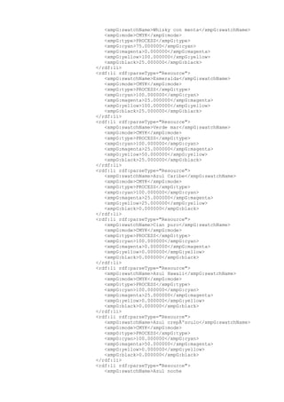 <xmpG:swatchName>Whisky con menta</xmpG:swatchName>
<xmpG:mode>CMYK</xmpG:mode>
<xmpG:type>PROCESS</xmpG:type>
<xmpG:cyan>75.000000</xmpG:cyan>
<xmpG:magenta>0.000000</xmpG:magenta>
<xmpG:yellow>100.000000</xmpG:yellow>
<xmpG:black>25.000000</xmpG:black>
</rdf:li>
<rdf:li rdf:parseType="Resource">
<xmpG:swatchName>Esmeralda</xmpG:swatchName>
<xmpG:mode>CMYK</xmpG:mode>
<xmpG:type>PROCESS</xmpG:type>
<xmpG:cyan>100.000000</xmpG:cyan>
<xmpG:magenta>25.000000</xmpG:magenta>
<xmpG:yellow>100.000000</xmpG:yellow>
<xmpG:black>25.000000</xmpG:black>
</rdf:li>
<rdf:li rdf:parseType="Resource">
<xmpG:swatchName>Verde mar</xmpG:swatchName>
<xmpG:mode>CMYK</xmpG:mode>
<xmpG:type>PROCESS</xmpG:type>
<xmpG:cyan>100.000000</xmpG:cyan>
<xmpG:magenta>25.000000</xmpG:magenta>
<xmpG:yellow>50.000000</xmpG:yellow>
<xmpG:black>25.000000</xmpG:black>
</rdf:li>
<rdf:li rdf:parseType="Resource">
<xmpG:swatchName>Azul Caribe</xmpG:swatchName>
<xmpG:mode>CMYK</xmpG:mode>
<xmpG:type>PROCESS</xmpG:type>
<xmpG:cyan>100.000000</xmpG:cyan>
<xmpG:magenta>25.000000</xmpG:magenta>
<xmpG:yellow>25.000000</xmpG:yellow>
<xmpG:black>0.000000</xmpG:black>
</rdf:li>
<rdf:li rdf:parseType="Resource">
<xmpG:swatchName>Cian puro</xmpG:swatchName>
<xmpG:mode>CMYK</xmpG:mode>
<xmpG:type>PROCESS</xmpG:type>
<xmpG:cyan>100.000000</xmpG:cyan>
<xmpG:magenta>0.000000</xmpG:magenta>
<xmpG:yellow>0.000000</xmpG:yellow>
<xmpG:black>0.000000</xmpG:black>
</rdf:li>
<rdf:li rdf:parseType="Resource">
<xmpG:swatchName>Azul Hawaii</xmpG:swatchName>
<xmpG:mode>CMYK</xmpG:mode>
<xmpG:type>PROCESS</xmpG:type>
<xmpG:cyan>100.000000</xmpG:cyan>
<xmpG:magenta>25.000000</xmpG:magenta>
<xmpG:yellow>0.000000</xmpG:yellow>
<xmpG:black>0.000000</xmpG:black>
</rdf:li>
<rdf:li rdf:parseType="Resource">
<xmpG:swatchName>Azul crepÃºsculo</xmpG:swatchName>
<xmpG:mode>CMYK</xmpG:mode>
<xmpG:type>PROCESS</xmpG:type>
<xmpG:cyan>100.000000</xmpG:cyan>
<xmpG:magenta>50.000000</xmpG:magenta>
<xmpG:yellow>0.000000</xmpG:yellow>
<xmpG:black>0.000000</xmpG:black>
</rdf:li>
<rdf:li rdf:parseType="Resource">
<xmpG:swatchName>Azul noche
 