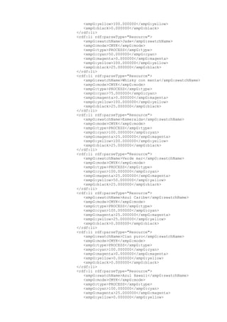 <xmpG:yellow>100.000000</xmpG:yellow>
<xmpG:black>0.000000</xmpG:black>
</rdf:li>
<rdf:li rdf:parseType="Resource">
<xmpG:swatchName>Jade</xmpG:swatchName>
<xmpG:mode>CMYK</xmpG:mode>
<xmpG:type>PROCESS</xmpG:type>
<xmpG:cyan>50.000000</xmpG:cyan>
<xmpG:magenta>0.000000</xmpG:magenta>
<xmpG:yellow>100.000000</xmpG:yellow>
<xmpG:black>25.000000</xmpG:black>
</rdf:li>
<rdf:li rdf:parseType="Resource">
<xmpG:swatchName>Whisky con menta</xmpG:swatchName>
<xmpG:mode>CMYK</xmpG:mode>
<xmpG:type>PROCESS</xmpG:type>
<xmpG:cyan>75.000000</xmpG:cyan>
<xmpG:magenta>0.000000</xmpG:magenta>
<xmpG:yellow>100.000000</xmpG:yellow>
<xmpG:black>25.000000</xmpG:black>
</rdf:li>
<rdf:li rdf:parseType="Resource">
<xmpG:swatchName>Esmeralda</xmpG:swatchName>
<xmpG:mode>CMYK</xmpG:mode>
<xmpG:type>PROCESS</xmpG:type>
<xmpG:cyan>100.000000</xmpG:cyan>
<xmpG:magenta>25.000000</xmpG:magenta>
<xmpG:yellow>100.000000</xmpG:yellow>
<xmpG:black>25.000000</xmpG:black>
</rdf:li>
<rdf:li rdf:parseType="Resource">
<xmpG:swatchName>Verde mar</xmpG:swatchName>
<xmpG:mode>CMYK</xmpG:mode>
<xmpG:type>PROCESS</xmpG:type>
<xmpG:cyan>100.000000</xmpG:cyan>
<xmpG:magenta>25.000000</xmpG:magenta>
<xmpG:yellow>50.000000</xmpG:yellow>
<xmpG:black>25.000000</xmpG:black>
</rdf:li>
<rdf:li rdf:parseType="Resource">
<xmpG:swatchName>Azul Caribe</xmpG:swatchName>
<xmpG:mode>CMYK</xmpG:mode>
<xmpG:type>PROCESS</xmpG:type>
<xmpG:cyan>100.000000</xmpG:cyan>
<xmpG:magenta>25.000000</xmpG:magenta>
<xmpG:yellow>25.000000</xmpG:yellow>
<xmpG:black>0.000000</xmpG:black>
</rdf:li>
<rdf:li rdf:parseType="Resource">
<xmpG:swatchName>Cian puro</xmpG:swatchName>
<xmpG:mode>CMYK</xmpG:mode>
<xmpG:type>PROCESS</xmpG:type>
<xmpG:cyan>100.000000</xmpG:cyan>
<xmpG:magenta>0.000000</xmpG:magenta>
<xmpG:yellow>0.000000</xmpG:yellow>
<xmpG:black>0.000000</xmpG:black>
</rdf:li>
<rdf:li rdf:parseType="Resource">
<xmpG:swatchName>Azul Hawaii</xmpG:swatchName>
<xmpG:mode>CMYK</xmpG:mode>
<xmpG:type>PROCESS</xmpG:type>
<xmpG:cyan>100.000000</xmpG:cyan>
<xmpG:magenta>25.000000</xmpG:magenta>
<xmpG:yellow>0.000000</xmpG:yellow>
 
