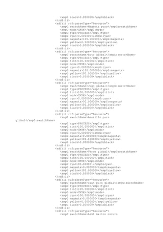 <xmpG:black>0.000000</xmpG:black>
</rdf:li>
<rdf:li rdf:parseType="Resource">
<xmpG:swatchName>Magenta puro</xmpG:swatchName>
<xmpG:mode>CMYK</xmpG:mode>
<xmpG:type>PROCESS</xmpG:type>
<xmpG:cyan>0.000000</xmpG:cyan>
<xmpG:magenta>100.000000</xmpG:magenta>
<xmpG:yellow>0.000000</xmpG:yellow>
<xmpG:black>0.000000</xmpG:black>
</rdf:li>
<rdf:li rdf:parseType="Resource">
<xmpG:swatchName>Rojo global</xmpG:swatchName>
<xmpG:type>PROCESS</xmpG:type>
<xmpG:tint>100.000000</xmpG:tint>
<xmpG:mode>CMYK</xmpG:mode>
<xmpG:cyan>0.000000</xmpG:cyan>
<xmpG:magenta>100.000000</xmpG:magenta>
<xmpG:yellow>100.000000</xmpG:yellow>
<xmpG:black>0.000000</xmpG:black>
</rdf:li>
<rdf:li rdf:parseType="Resource">
<xmpG:swatchName>Jugo global</xmpG:swatchName>
<xmpG:type>PROCESS</xmpG:type>
<xmpG:tint>100.000000</xmpG:tint>
<xmpG:mode>CMYK</xmpG:mode>
<xmpG:cyan>0.000000</xmpG:cyan>
<xmpG:magenta>50.000000</xmpG:magenta>
<xmpG:yellow>100.000000</xmpG:yellow>
<xmpG:black>0.000000</xmpG:black>
</rdf:li>
<rdf:li rdf:parseType="Resource">
<xmpG:swatchName>Amarillo puro
global</xmpG:swatchName>
<xmpG:type>PROCESS</xmpG:type>
<xmpG:tint>100.000000</xmpG:tint>
<xmpG:mode>CMYK</xmpG:mode>
<xmpG:cyan>0.000000</xmpG:cyan>
<xmpG:magenta>0.000000</xmpG:magenta>
<xmpG:yellow>100.000000</xmpG:yellow>
<xmpG:black>0.000000</xmpG:black>
</rdf:li>
<rdf:li rdf:parseType="Resource">
<xmpG:swatchName>Verde global</xmpG:swatchName>
<xmpG:type>PROCESS</xmpG:type>
<xmpG:tint>100.000000</xmpG:tint>
<xmpG:mode>CMYK</xmpG:mode>
<xmpG:cyan>80.000001</xmpG:cyan>
<xmpG:magenta>0.000000</xmpG:magenta>
<xmpG:yellow>100.000000</xmpG:yellow>
<xmpG:black>0.000000</xmpG:black>
</rdf:li>
<rdf:li rdf:parseType="Resource">
<xmpG:swatchName>Cian puro global</xmpG:swatchName>
<xmpG:type>PROCESS</xmpG:type>
<xmpG:tint>100.000000</xmpG:tint>
<xmpG:mode>CMYK</xmpG:mode>
<xmpG:cyan>100.000000</xmpG:cyan>
<xmpG:magenta>0.000000</xmpG:magenta>
<xmpG:yellow>0.000000</xmpG:yellow>
<xmpG:black>0.000000</xmpG:black>
</rdf:li>
<rdf:li rdf:parseType="Resource">
<xmpG:swatchName>Azul marino oscuro
 