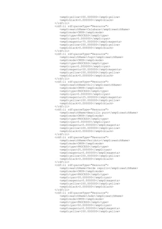 <xmpG:yellow>100.000000</xmpG:yellow>
<xmpG:black>0.000000</xmpG:black>
</rdf:li>
<rdf:li rdf:parseType="Resource">
<xmpG:swatchName>Calabaza</xmpG:swatchName>
<xmpG:mode>CMYK</xmpG:mode>
<xmpG:type>PROCESS</xmpG:type>
<xmpG:cyan>0.000000</xmpG:cyan>
<xmpG:magenta>75.000000</xmpG:magenta>
<xmpG:yellow>100.000000</xmpG:yellow>
<xmpG:black>0.000000</xmpG:black>
</rdf:li>
<rdf:li rdf:parseType="Resource">
<xmpG:swatchName>Jugo</xmpG:swatchName>
<xmpG:mode>CMYK</xmpG:mode>
<xmpG:type>PROCESS</xmpG:type>
<xmpG:cyan>0.000000</xmpG:cyan>
<xmpG:magenta>50.000000</xmpG:magenta>
<xmpG:yellow>100.000000</xmpG:yellow>
<xmpG:black>0.000000</xmpG:black>
</rdf:li>
<rdf:li rdf:parseType="Resource">
<xmpG:swatchName>Sol</xmpG:swatchName>
<xmpG:mode>CMYK</xmpG:mode>
<xmpG:type>PROCESS</xmpG:type>
<xmpG:cyan>0.000000</xmpG:cyan>
<xmpG:magenta>25.000000</xmpG:magenta>
<xmpG:yellow>100.000000</xmpG:yellow>
<xmpG:black>0.000000</xmpG:black>
</rdf:li>
<rdf:li rdf:parseType="Resource">
<xmpG:swatchName>Amarillo puro</xmpG:swatchName>
<xmpG:mode>CMYK</xmpG:mode>
<xmpG:type>PROCESS</xmpG:type>
<xmpG:cyan>0.000000</xmpG:cyan>
<xmpG:magenta>0.000000</xmpG:magenta>
<xmpG:yellow>100.000000</xmpG:yellow>
<xmpG:black>0.000000</xmpG:black>
</rdf:li>
<rdf:li rdf:parseType="Resource">
<xmpG:swatchName>Peridoto</xmpG:swatchName>
<xmpG:mode>CMYK</xmpG:mode>
<xmpG:type>PROCESS</xmpG:type>
<xmpG:cyan>25.000000</xmpG:cyan>
<xmpG:magenta>0.000000</xmpG:magenta>
<xmpG:yellow>100.000000</xmpG:yellow>
<xmpG:black>0.000000</xmpG:black>
</rdf:li>
<rdf:li rdf:parseType="Resource">
<xmpG:swatchName>Verde repollo</xmpG:swatchName>
<xmpG:mode>CMYK</xmpG:mode>
<xmpG:type>PROCESS</xmpG:type>
<xmpG:cyan>50.000000</xmpG:cyan>
<xmpG:magenta>0.000000</xmpG:magenta>
<xmpG:yellow>100.000000</xmpG:yellow>
<xmpG:black>0.000000</xmpG:black>
</rdf:li>
<rdf:li rdf:parseType="Resource">
<xmpG:swatchName>Jade</xmpG:swatchName>
<xmpG:mode>CMYK</xmpG:mode>
<xmpG:type>PROCESS</xmpG:type>
<xmpG:cyan>50.000000</xmpG:cyan>
<xmpG:magenta>0.000000</xmpG:magenta>
<xmpG:yellow>100.000000</xmpG:yellow>
 