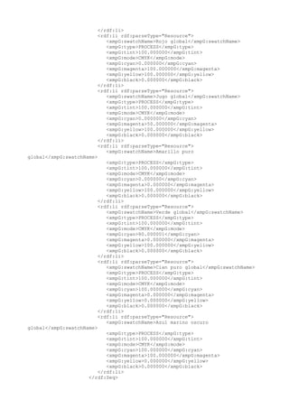 </rdf:li>
<rdf:li rdf:parseType="Resource">
<xmpG:swatchName>Rojo global</xmpG:swatchName>
<xmpG:type>PROCESS</xmpG:type>
<xmpG:tint>100.000000</xmpG:tint>
<xmpG:mode>CMYK</xmpG:mode>
<xmpG:cyan>0.000000</xmpG:cyan>
<xmpG:magenta>100.000000</xmpG:magenta>
<xmpG:yellow>100.000000</xmpG:yellow>
<xmpG:black>0.000000</xmpG:black>
</rdf:li>
<rdf:li rdf:parseType="Resource">
<xmpG:swatchName>Jugo global</xmpG:swatchName>
<xmpG:type>PROCESS</xmpG:type>
<xmpG:tint>100.000000</xmpG:tint>
<xmpG:mode>CMYK</xmpG:mode>
<xmpG:cyan>0.000000</xmpG:cyan>
<xmpG:magenta>50.000000</xmpG:magenta>
<xmpG:yellow>100.000000</xmpG:yellow>
<xmpG:black>0.000000</xmpG:black>
</rdf:li>
<rdf:li rdf:parseType="Resource">
<xmpG:swatchName>Amarillo puro
global</xmpG:swatchName>
<xmpG:type>PROCESS</xmpG:type>
<xmpG:tint>100.000000</xmpG:tint>
<xmpG:mode>CMYK</xmpG:mode>
<xmpG:cyan>0.000000</xmpG:cyan>
<xmpG:magenta>0.000000</xmpG:magenta>
<xmpG:yellow>100.000000</xmpG:yellow>
<xmpG:black>0.000000</xmpG:black>
</rdf:li>
<rdf:li rdf:parseType="Resource">
<xmpG:swatchName>Verde global</xmpG:swatchName>
<xmpG:type>PROCESS</xmpG:type>
<xmpG:tint>100.000000</xmpG:tint>
<xmpG:mode>CMYK</xmpG:mode>
<xmpG:cyan>80.000001</xmpG:cyan>
<xmpG:magenta>0.000000</xmpG:magenta>
<xmpG:yellow>100.000000</xmpG:yellow>
<xmpG:black>0.000000</xmpG:black>
</rdf:li>
<rdf:li rdf:parseType="Resource">
<xmpG:swatchName>Cian puro global</xmpG:swatchName>
<xmpG:type>PROCESS</xmpG:type>
<xmpG:tint>100.000000</xmpG:tint>
<xmpG:mode>CMYK</xmpG:mode>
<xmpG:cyan>100.000000</xmpG:cyan>
<xmpG:magenta>0.000000</xmpG:magenta>
<xmpG:yellow>0.000000</xmpG:yellow>
<xmpG:black>0.000000</xmpG:black>
</rdf:li>
<rdf:li rdf:parseType="Resource">
<xmpG:swatchName>Azul marino oscuro
global</xmpG:swatchName>
<xmpG:type>PROCESS</xmpG:type>
<xmpG:tint>100.000000</xmpG:tint>
<xmpG:mode>CMYK</xmpG:mode>
<xmpG:cyan>100.000000</xmpG:cyan>
<xmpG:magenta>100.000000</xmpG:magenta>
<xmpG:yellow>0.000000</xmpG:yellow>
<xmpG:black>0.000000</xmpG:black>
</rdf:li>
</rdf:Seq>
 
