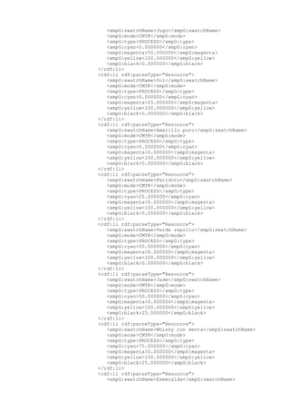 <xmpG:swatchName>Jugo</xmpG:swatchName>
<xmpG:mode>CMYK</xmpG:mode>
<xmpG:type>PROCESS</xmpG:type>
<xmpG:cyan>0.000000</xmpG:cyan>
<xmpG:magenta>50.000000</xmpG:magenta>
<xmpG:yellow>100.000000</xmpG:yellow>
<xmpG:black>0.000000</xmpG:black>
</rdf:li>
<rdf:li rdf:parseType="Resource">
<xmpG:swatchName>Sol</xmpG:swatchName>
<xmpG:mode>CMYK</xmpG:mode>
<xmpG:type>PROCESS</xmpG:type>
<xmpG:cyan>0.000000</xmpG:cyan>
<xmpG:magenta>25.000000</xmpG:magenta>
<xmpG:yellow>100.000000</xmpG:yellow>
<xmpG:black>0.000000</xmpG:black>
</rdf:li>
<rdf:li rdf:parseType="Resource">
<xmpG:swatchName>Amarillo puro</xmpG:swatchName>
<xmpG:mode>CMYK</xmpG:mode>
<xmpG:type>PROCESS</xmpG:type>
<xmpG:cyan>0.000000</xmpG:cyan>
<xmpG:magenta>0.000000</xmpG:magenta>
<xmpG:yellow>100.000000</xmpG:yellow>
<xmpG:black>0.000000</xmpG:black>
</rdf:li>
<rdf:li rdf:parseType="Resource">
<xmpG:swatchName>Peridoto</xmpG:swatchName>
<xmpG:mode>CMYK</xmpG:mode>
<xmpG:type>PROCESS</xmpG:type>
<xmpG:cyan>25.000000</xmpG:cyan>
<xmpG:magenta>0.000000</xmpG:magenta>
<xmpG:yellow>100.000000</xmpG:yellow>
<xmpG:black>0.000000</xmpG:black>
</rdf:li>
<rdf:li rdf:parseType="Resource">
<xmpG:swatchName>Verde repollo</xmpG:swatchName>
<xmpG:mode>CMYK</xmpG:mode>
<xmpG:type>PROCESS</xmpG:type>
<xmpG:cyan>50.000000</xmpG:cyan>
<xmpG:magenta>0.000000</xmpG:magenta>
<xmpG:yellow>100.000000</xmpG:yellow>
<xmpG:black>0.000000</xmpG:black>
</rdf:li>
<rdf:li rdf:parseType="Resource">
<xmpG:swatchName>Jade</xmpG:swatchName>
<xmpG:mode>CMYK</xmpG:mode>
<xmpG:type>PROCESS</xmpG:type>
<xmpG:cyan>50.000000</xmpG:cyan>
<xmpG:magenta>0.000000</xmpG:magenta>
<xmpG:yellow>100.000000</xmpG:yellow>
<xmpG:black>25.000000</xmpG:black>
</rdf:li>
<rdf:li rdf:parseType="Resource">
<xmpG:swatchName>Whisky con menta</xmpG:swatchName>
<xmpG:mode>CMYK</xmpG:mode>
<xmpG:type>PROCESS</xmpG:type>
<xmpG:cyan>75.000000</xmpG:cyan>
<xmpG:magenta>0.000000</xmpG:magenta>
<xmpG:yellow>100.000000</xmpG:yellow>
<xmpG:black>25.000000</xmpG:black>
</rdf:li>
<rdf:li rdf:parseType="Resource">
<xmpG:swatchName>Esmeralda</xmpG:swatchName>
 