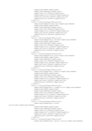 <xmpG:mode>CMYK</xmpG:mode>
<xmpG:type>PROCESS</xmpG:type>
<xmpG:cyan>100.000000</xmpG:cyan>
<xmpG:magenta>25.000000</xmpG:magenta>
<xmpG:yellow>100.000000</xmpG:yellow>
<xmpG:black>25.000000</xmpG:black>
</rdf:li>
<rdf:li rdf:parseType="Resource">
<xmpG:swatchName>Verde mar</xmpG:swatchName>
<xmpG:mode>CMYK</xmpG:mode>
<xmpG:type>PROCESS</xmpG:type>
<xmpG:cyan>100.000000</xmpG:cyan>
<xmpG:magenta>25.000000</xmpG:magenta>
<xmpG:yellow>50.000000</xmpG:yellow>
<xmpG:black>25.000000</xmpG:black>
</rdf:li>
<rdf:li rdf:parseType="Resource">
<xmpG:swatchName>Azul Caribe</xmpG:swatchName>
<xmpG:mode>CMYK</xmpG:mode>
<xmpG:type>PROCESS</xmpG:type>
<xmpG:cyan>100.000000</xmpG:cyan>
<xmpG:magenta>25.000000</xmpG:magenta>
<xmpG:yellow>25.000000</xmpG:yellow>
<xmpG:black>0.000000</xmpG:black>
</rdf:li>
<rdf:li rdf:parseType="Resource">
<xmpG:swatchName>Cian puro</xmpG:swatchName>
<xmpG:mode>CMYK</xmpG:mode>
<xmpG:type>PROCESS</xmpG:type>
<xmpG:cyan>100.000000</xmpG:cyan>
<xmpG:magenta>0.000000</xmpG:magenta>
<xmpG:yellow>0.000000</xmpG:yellow>
<xmpG:black>0.000000</xmpG:black>
</rdf:li>
<rdf:li rdf:parseType="Resource">
<xmpG:swatchName>Azul Hawaii</xmpG:swatchName>
<xmpG:mode>CMYK</xmpG:mode>
<xmpG:type>PROCESS</xmpG:type>
<xmpG:cyan>100.000000</xmpG:cyan>
<xmpG:magenta>25.000000</xmpG:magenta>
<xmpG:yellow>0.000000</xmpG:yellow>
<xmpG:black>0.000000</xmpG:black>
</rdf:li>
<rdf:li rdf:parseType="Resource">
<xmpG:swatchName>Azul crepÃºsculo</xmpG:swatchName>
<xmpG:mode>CMYK</xmpG:mode>
<xmpG:type>PROCESS</xmpG:type>
<xmpG:cyan>100.000000</xmpG:cyan>
<xmpG:magenta>50.000000</xmpG:magenta>
<xmpG:yellow>0.000000</xmpG:yellow>
<xmpG:black>0.000000</xmpG:black>
</rdf:li>
<rdf:li rdf:parseType="Resource">
<xmpG:swatchName>Azul noche
estrellada</xmpG:swatchName>
<xmpG:mode>CMYK</xmpG:mode>
<xmpG:type>PROCESS</xmpG:type>
<xmpG:cyan>100.000000</xmpG:cyan>
<xmpG:magenta>75.000000</xmpG:magenta>
<xmpG:yellow>0.000000</xmpG:yellow>
<xmpG:black>0.000000</xmpG:black>
</rdf:li>
<rdf:li rdf:parseType="Resource">
<xmpG:swatchName>Azul marino oscuro</xmpG:swatchName>
 