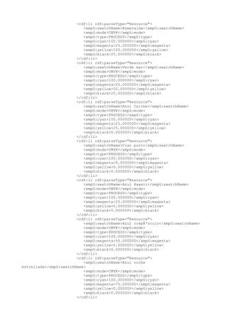 <rdf:li rdf:parseType="Resource">
<xmpG:swatchName>Esmeralda</xmpG:swatchName>
<xmpG:mode>CMYK</xmpG:mode>
<xmpG:type>PROCESS</xmpG:type>
<xmpG:cyan>100.000000</xmpG:cyan>
<xmpG:magenta>25.000000</xmpG:magenta>
<xmpG:yellow>100.000000</xmpG:yellow>
<xmpG:black>25.000000</xmpG:black>
</rdf:li>
<rdf:li rdf:parseType="Resource">
<xmpG:swatchName>Verde mar</xmpG:swatchName>
<xmpG:mode>CMYK</xmpG:mode>
<xmpG:type>PROCESS</xmpG:type>
<xmpG:cyan>100.000000</xmpG:cyan>
<xmpG:magenta>25.000000</xmpG:magenta>
<xmpG:yellow>50.000000</xmpG:yellow>
<xmpG:black>25.000000</xmpG:black>
</rdf:li>
<rdf:li rdf:parseType="Resource">
<xmpG:swatchName>Azul Caribe</xmpG:swatchName>
<xmpG:mode>CMYK</xmpG:mode>
<xmpG:type>PROCESS</xmpG:type>
<xmpG:cyan>100.000000</xmpG:cyan>
<xmpG:magenta>25.000000</xmpG:magenta>
<xmpG:yellow>25.000000</xmpG:yellow>
<xmpG:black>0.000000</xmpG:black>
</rdf:li>
<rdf:li rdf:parseType="Resource">
<xmpG:swatchName>Cian puro</xmpG:swatchName>
<xmpG:mode>CMYK</xmpG:mode>
<xmpG:type>PROCESS</xmpG:type>
<xmpG:cyan>100.000000</xmpG:cyan>
<xmpG:magenta>0.000000</xmpG:magenta>
<xmpG:yellow>0.000000</xmpG:yellow>
<xmpG:black>0.000000</xmpG:black>
</rdf:li>
<rdf:li rdf:parseType="Resource">
<xmpG:swatchName>Azul Hawaii</xmpG:swatchName>
<xmpG:mode>CMYK</xmpG:mode>
<xmpG:type>PROCESS</xmpG:type>
<xmpG:cyan>100.000000</xmpG:cyan>
<xmpG:magenta>25.000000</xmpG:magenta>
<xmpG:yellow>0.000000</xmpG:yellow>
<xmpG:black>0.000000</xmpG:black>
</rdf:li>
<rdf:li rdf:parseType="Resource">
<xmpG:swatchName>Azul crepÃºsculo</xmpG:swatchName>
<xmpG:mode>CMYK</xmpG:mode>
<xmpG:type>PROCESS</xmpG:type>
<xmpG:cyan>100.000000</xmpG:cyan>
<xmpG:magenta>50.000000</xmpG:magenta>
<xmpG:yellow>0.000000</xmpG:yellow>
<xmpG:black>0.000000</xmpG:black>
</rdf:li>
<rdf:li rdf:parseType="Resource">
<xmpG:swatchName>Azul noche
estrellada</xmpG:swatchName>
<xmpG:mode>CMYK</xmpG:mode>
<xmpG:type>PROCESS</xmpG:type>
<xmpG:cyan>100.000000</xmpG:cyan>
<xmpG:magenta>75.000000</xmpG:magenta>
<xmpG:yellow>0.000000</xmpG:yellow>
<xmpG:black>0.000000</xmpG:black>
</rdf:li>
 