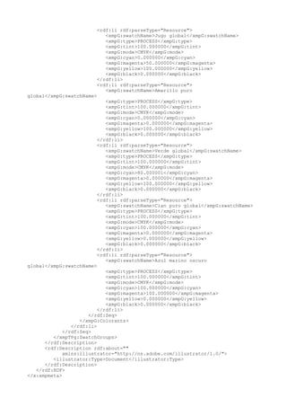 <rdf:li rdf:parseType="Resource">
<xmpG:swatchName>Jugo global</xmpG:swatchName>
<xmpG:type>PROCESS</xmpG:type>
<xmpG:tint>100.000000</xmpG:tint>
<xmpG:mode>CMYK</xmpG:mode>
<xmpG:cyan>0.000000</xmpG:cyan>
<xmpG:magenta>50.000000</xmpG:magenta>
<xmpG:yellow>100.000000</xmpG:yellow>
<xmpG:black>0.000000</xmpG:black>
</rdf:li>
<rdf:li rdf:parseType="Resource">
<xmpG:swatchName>Amarillo puro
global</xmpG:swatchName>
<xmpG:type>PROCESS</xmpG:type>
<xmpG:tint>100.000000</xmpG:tint>
<xmpG:mode>CMYK</xmpG:mode>
<xmpG:cyan>0.000000</xmpG:cyan>
<xmpG:magenta>0.000000</xmpG:magenta>
<xmpG:yellow>100.000000</xmpG:yellow>
<xmpG:black>0.000000</xmpG:black>
</rdf:li>
<rdf:li rdf:parseType="Resource">
<xmpG:swatchName>Verde global</xmpG:swatchName>
<xmpG:type>PROCESS</xmpG:type>
<xmpG:tint>100.000000</xmpG:tint>
<xmpG:mode>CMYK</xmpG:mode>
<xmpG:cyan>80.000001</xmpG:cyan>
<xmpG:magenta>0.000000</xmpG:magenta>
<xmpG:yellow>100.000000</xmpG:yellow>
<xmpG:black>0.000000</xmpG:black>
</rdf:li>
<rdf:li rdf:parseType="Resource">
<xmpG:swatchName>Cian puro global</xmpG:swatchName>
<xmpG:type>PROCESS</xmpG:type>
<xmpG:tint>100.000000</xmpG:tint>
<xmpG:mode>CMYK</xmpG:mode>
<xmpG:cyan>100.000000</xmpG:cyan>
<xmpG:magenta>0.000000</xmpG:magenta>
<xmpG:yellow>0.000000</xmpG:yellow>
<xmpG:black>0.000000</xmpG:black>
</rdf:li>
<rdf:li rdf:parseType="Resource">
<xmpG:swatchName>Azul marino oscuro
global</xmpG:swatchName>
<xmpG:type>PROCESS</xmpG:type>
<xmpG:tint>100.000000</xmpG:tint>
<xmpG:mode>CMYK</xmpG:mode>
<xmpG:cyan>100.000000</xmpG:cyan>
<xmpG:magenta>100.000000</xmpG:magenta>
<xmpG:yellow>0.000000</xmpG:yellow>
<xmpG:black>0.000000</xmpG:black>
</rdf:li>
</rdf:Seq>
</xmpG:Colorants>
</rdf:li>
</rdf:Seq>
</xmpTPg:SwatchGroups>
</rdf:Description>
<rdf:Description rdf:about=""
xmlns:illustrator="http://ns.adobe.com/illustrator/1.0/">
<illustrator:Type>Document</illustrator:Type>
</rdf:Description>
</rdf:RDF>
</x:xmpmeta>
 