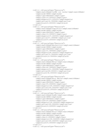 <rdf:li rdf:parseType="Resource">
<xmpG:swatchName>CafÃ© con leche</xmpG:swatchName>
<xmpG:mode>CMYK</xmpG:mode>
<xmpG:type>PROCESS</xmpG:type>
<xmpG:cyan>10.000002</xmpG:cyan>
<xmpG:magenta>23.000002</xmpG:magenta>
<xmpG:yellow>32.999998</xmpG:yellow>
<xmpG:black>0.000000</xmpG:black>
</rdf:li>
<rdf:li rdf:parseType="Resource">
<xmpG:swatchName>Capuchino</xmpG:swatchName>
<xmpG:mode>CMYK</xmpG:mode>
<xmpG:type>PROCESS</xmpG:type>
<xmpG:cyan>15.999997</xmpG:cyan>
<xmpG:magenta>37.000000</xmpG:magenta>
<xmpG:yellow>57.999998</xmpG:yellow>
<xmpG:black>0.000000</xmpG:black>
</rdf:li>
<rdf:li rdf:parseType="Resource">
<xmpG:swatchName>Mochaccino</xmpG:swatchName>
<xmpG:mode>CMYK</xmpG:mode>
<xmpG:type>PROCESS</xmpG:type>
<xmpG:cyan>31.999999</xmpG:cyan>
<xmpG:magenta>48.000002</xmpG:magenta>
<xmpG:yellow>75.999999</xmpG:yellow>
<xmpG:black>19.999999</xmpG:black>
</rdf:li>
<rdf:li rdf:parseType="Resource">
<xmpG:swatchName>Moca</xmpG:swatchName>
<xmpG:mode>CMYK</xmpG:mode>
<xmpG:type>PROCESS</xmpG:type>
<xmpG:cyan>42.999995</xmpG:cyan>
<xmpG:magenta>51.999998</xmpG:magenta>
<xmpG:yellow>80.000001</xmpG:yellow>
<xmpG:black>38.000000</xmpG:black>
</rdf:li>
<rdf:li rdf:parseType="Resource">
<xmpG:swatchName>Rojo Marte</xmpG:swatchName>
<xmpG:mode>CMYK</xmpG:mode>
<xmpG:type>PROCESS</xmpG:type>
<xmpG:cyan>25.000000</xmpG:cyan>
<xmpG:magenta>100.000000</xmpG:magenta>
<xmpG:yellow>100.000000</xmpG:yellow>
<xmpG:black>25.000000</xmpG:black>
</rdf:li>
<rdf:li rdf:parseType="Resource">
<xmpG:swatchName>RubÃ</xmpG:swatchName>
<xmpG:mode>CMYK</xmpG:mode>
<xmpG:type>PROCESS</xmpG:type>
<xmpG:cyan>25.000000</xmpG:cyan>
<xmpG:magenta>100.000000</xmpG:magenta>
<xmpG:yellow>100.000000</xmpG:yellow>
<xmpG:black>0.000000</xmpG:black>
</rdf:li>
<rdf:li rdf:parseType="Resource">
<xmpG:swatchName>Rojo</xmpG:swatchName>
<xmpG:mode>CMYK</xmpG:mode>
<xmpG:type>PROCESS</xmpG:type>
<xmpG:cyan>0.000000</xmpG:cyan>
<xmpG:magenta>100.000000</xmpG:magenta>
<xmpG:yellow>100.000000</xmpG:yellow>
<xmpG:black>0.000000</xmpG:black>
</rdf:li>
<rdf:li rdf:parseType="Resource">
 